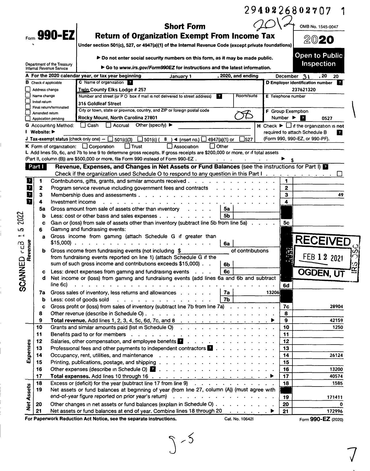 Image of first page of 2020 Form 990EO for Improved Benevolent and Protective Order of Elks of the World - 257 Twin County Lodge