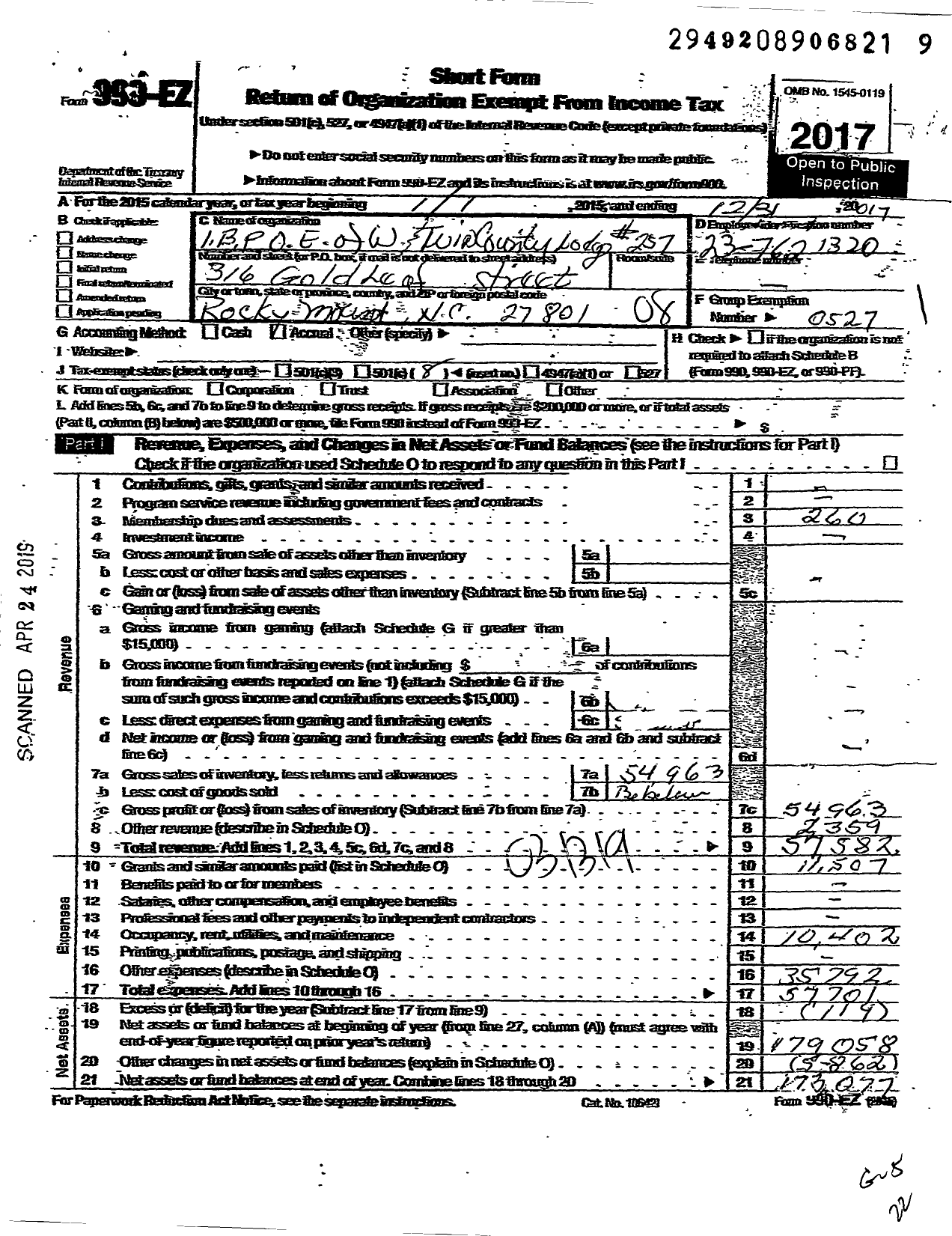 Image of first page of 2017 Form 990EO for Improved Benevolent and Protective Order of Elks of the World - 257 Twin County Lodge