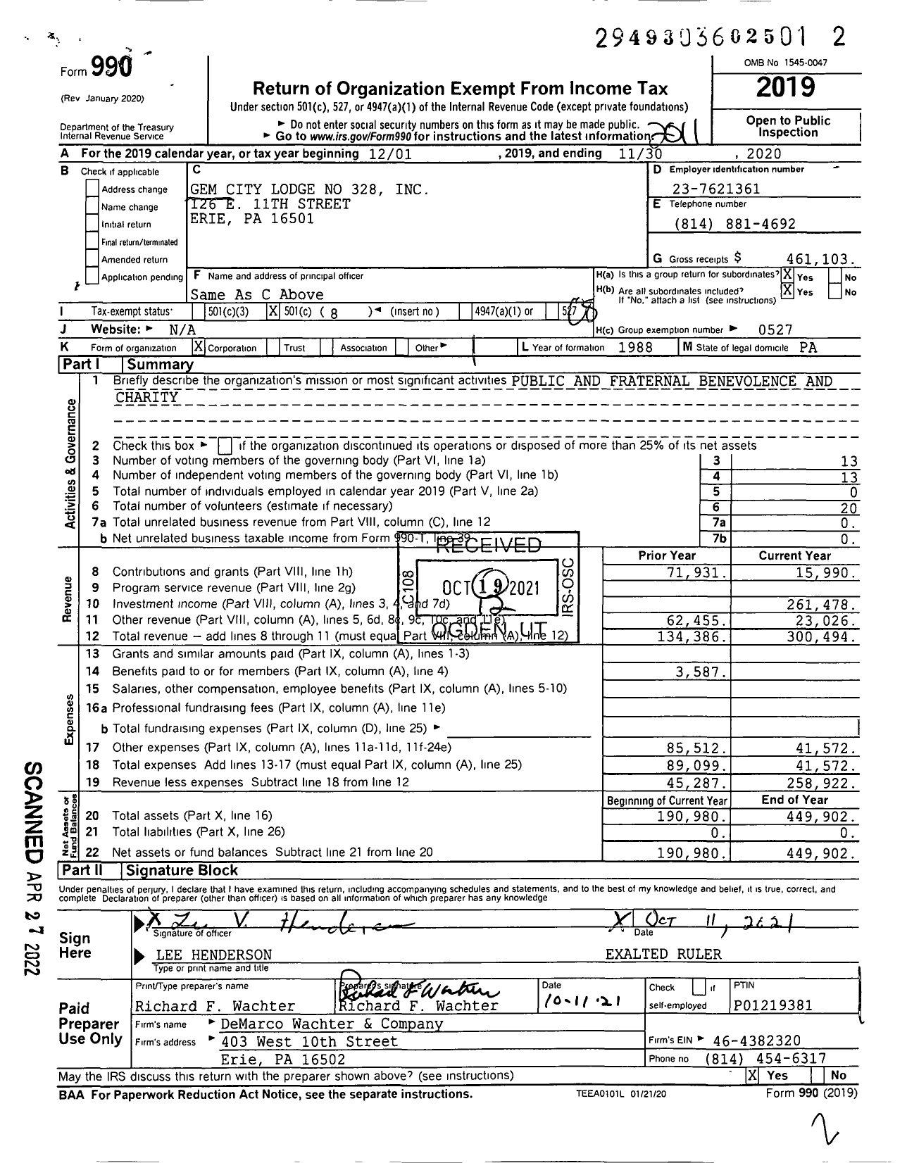 Image of first page of 2019 Form 990O for Gem City Lodge No 328