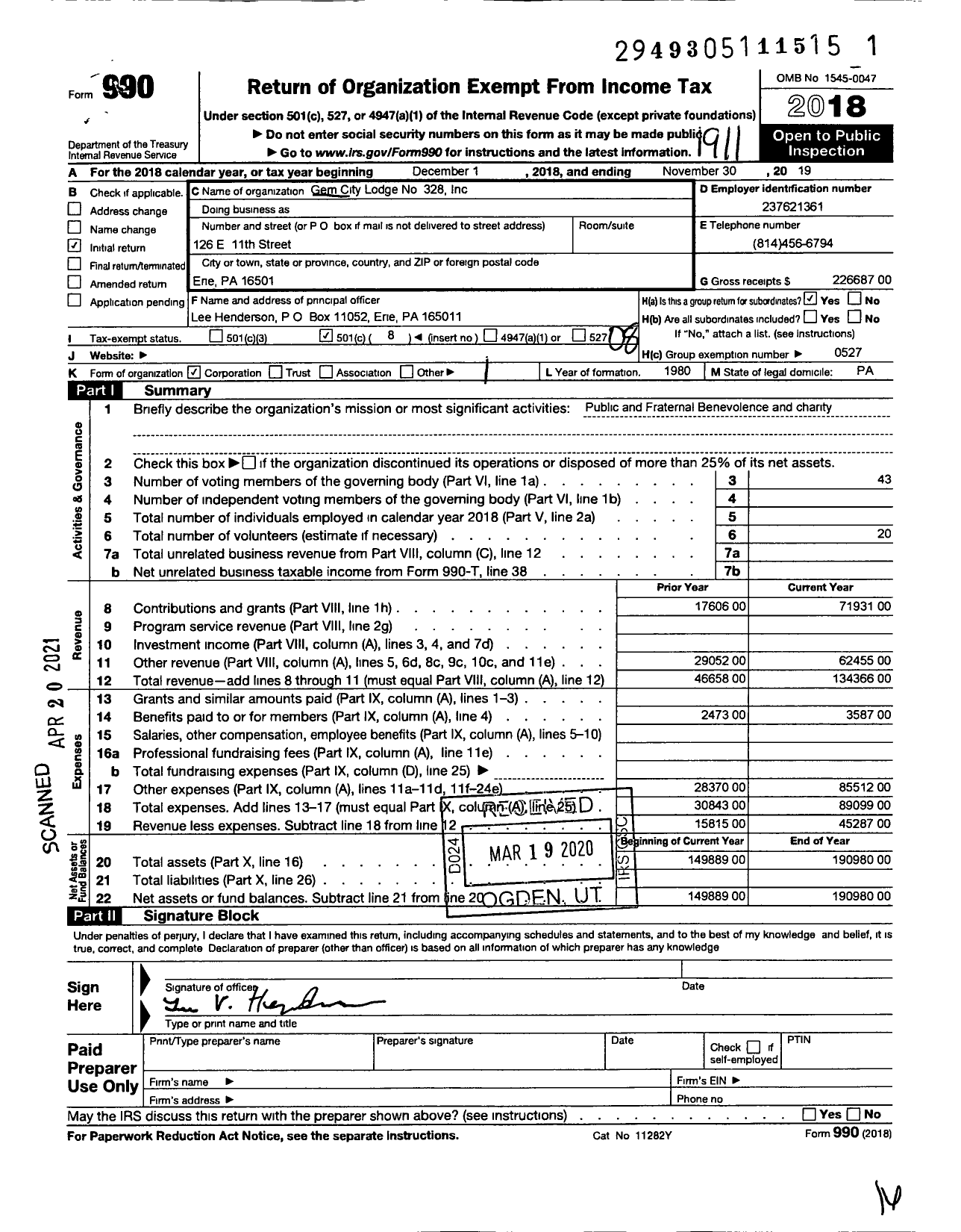 Image of first page of 2018 Form 990O for Gem City Lodge No 328