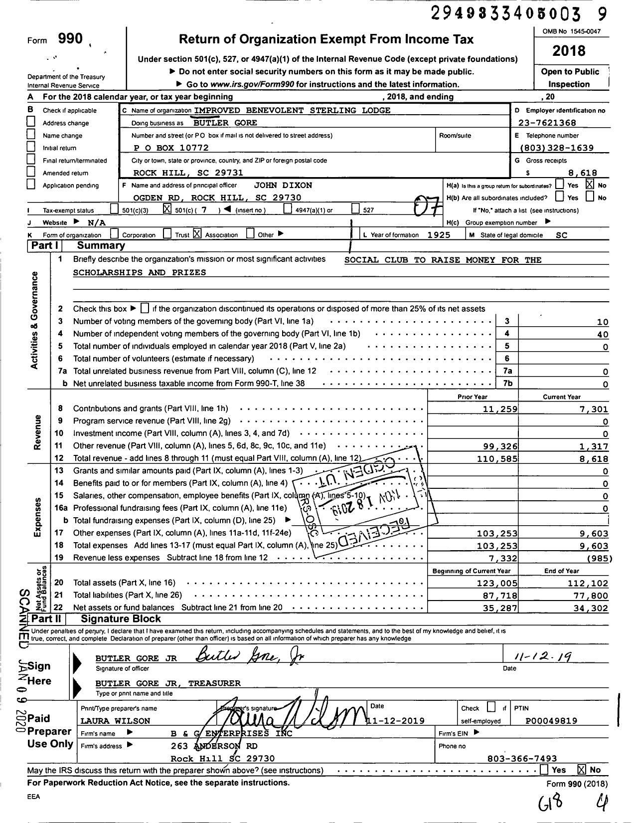 Image of first page of 2018 Form 990O for Improved Benevolent and Protective Order of Elks of the World - Butler Gore