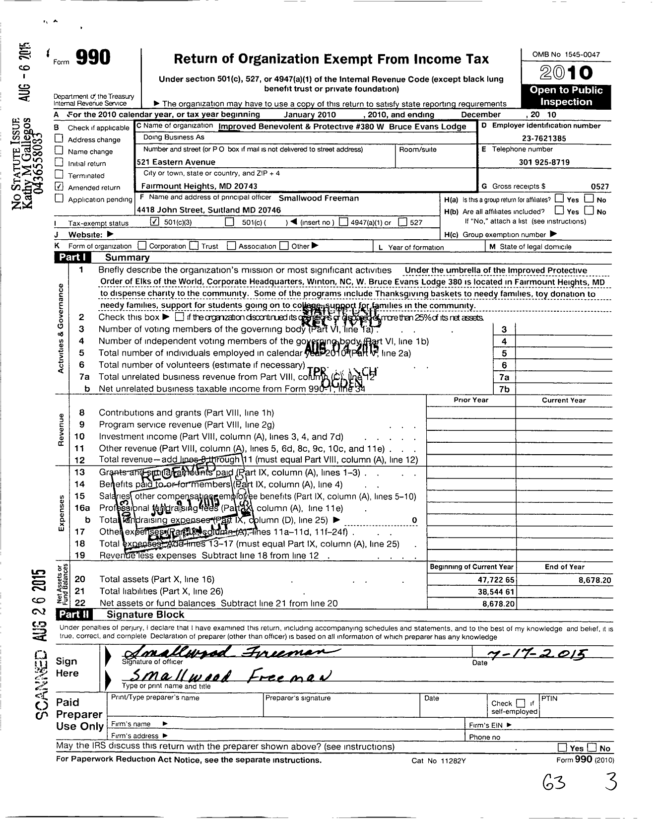 Image of first page of 2010 Form 990 for Improved Benevolent and Protective Order of Elks of the World - 380 W Bruce Evans Lodge