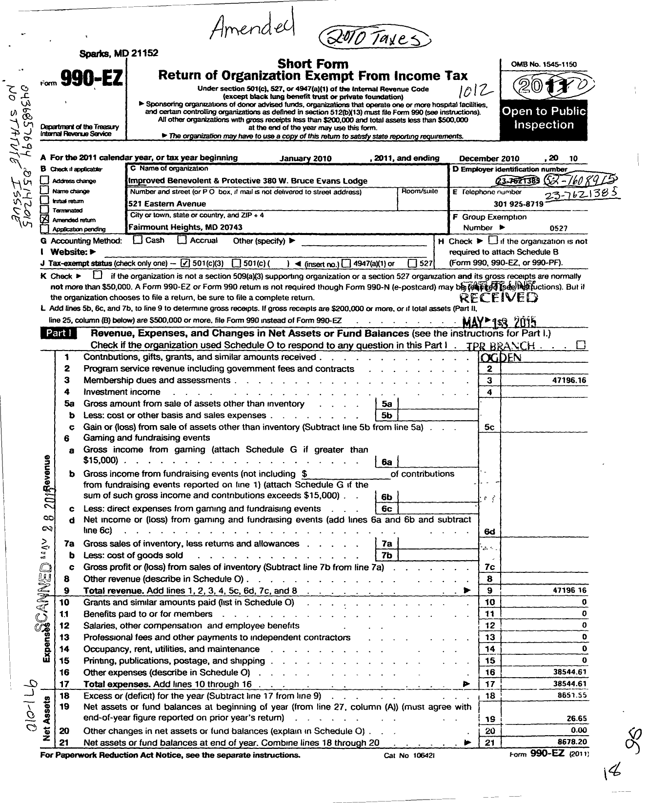 Image of first page of 2010 Form 990EZ for Improved Benevolent and Protective Order of Elks of the World - 380 W Bruce Evans Lodge