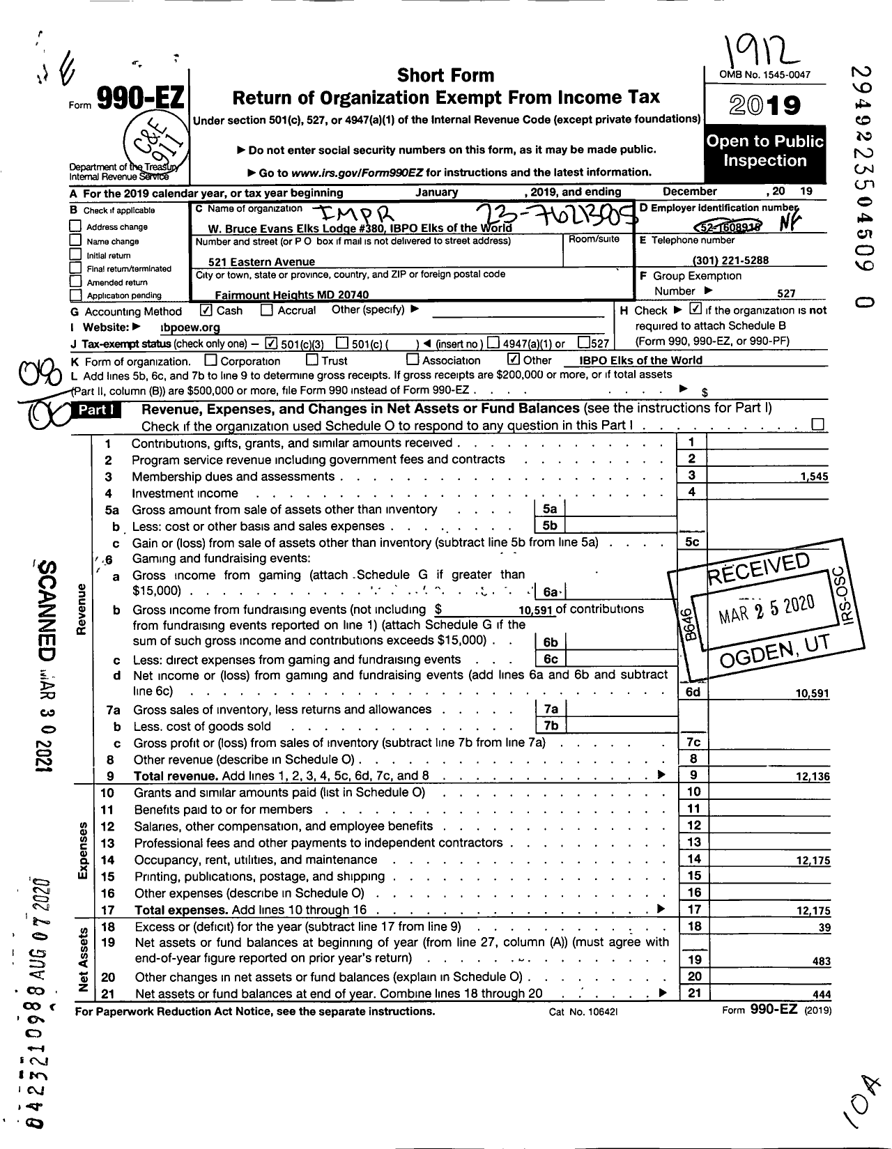 Image of first page of 2019 Form 990EO for Improved Benevolent and Protective Order of Elks of the World - 380 W Bruce Evans Lodge