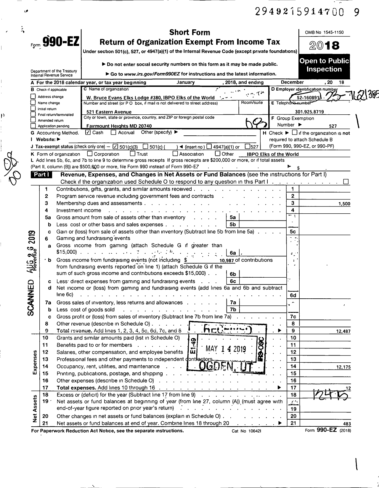 Image of first page of 2018 Form 990EO for Improved Benevolent and Protective Order of Elks of the World - 380 W Bruce Evans Lodge