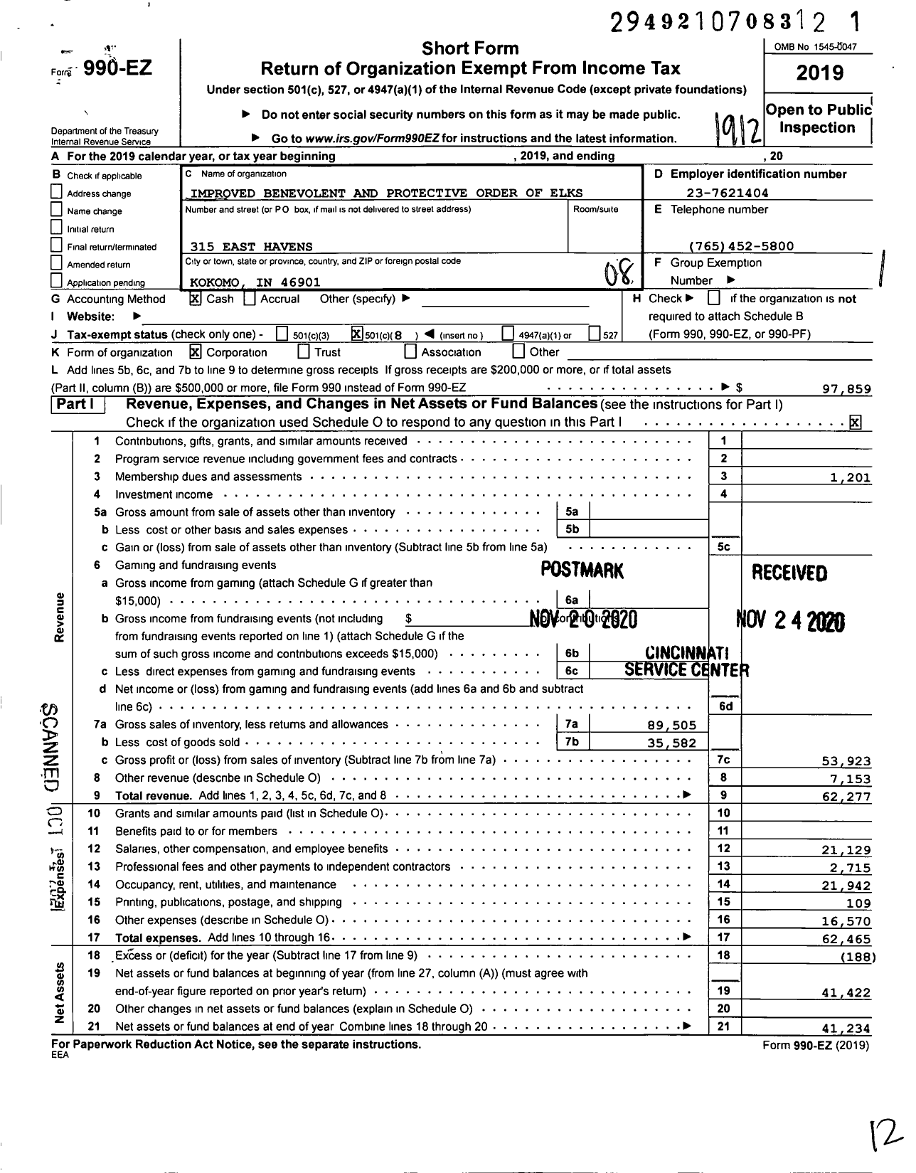 Image of first page of 2019 Form 990EO for Improved Benevolent and Protective Order of Elks of the World - 429 PD of Kokomo Lodge