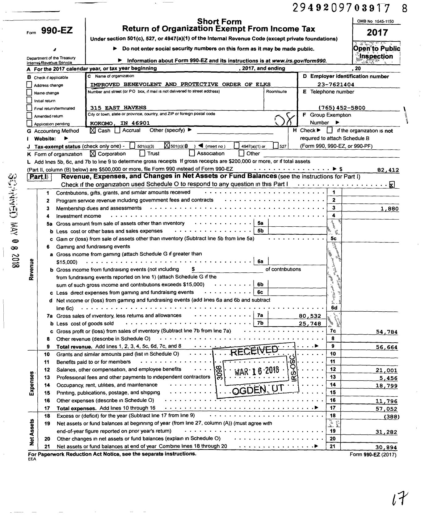 Image of first page of 2017 Form 990EO for Improved Benevolent and Protective Order of Elks of the World - 429 PD of Kokomo Lodge