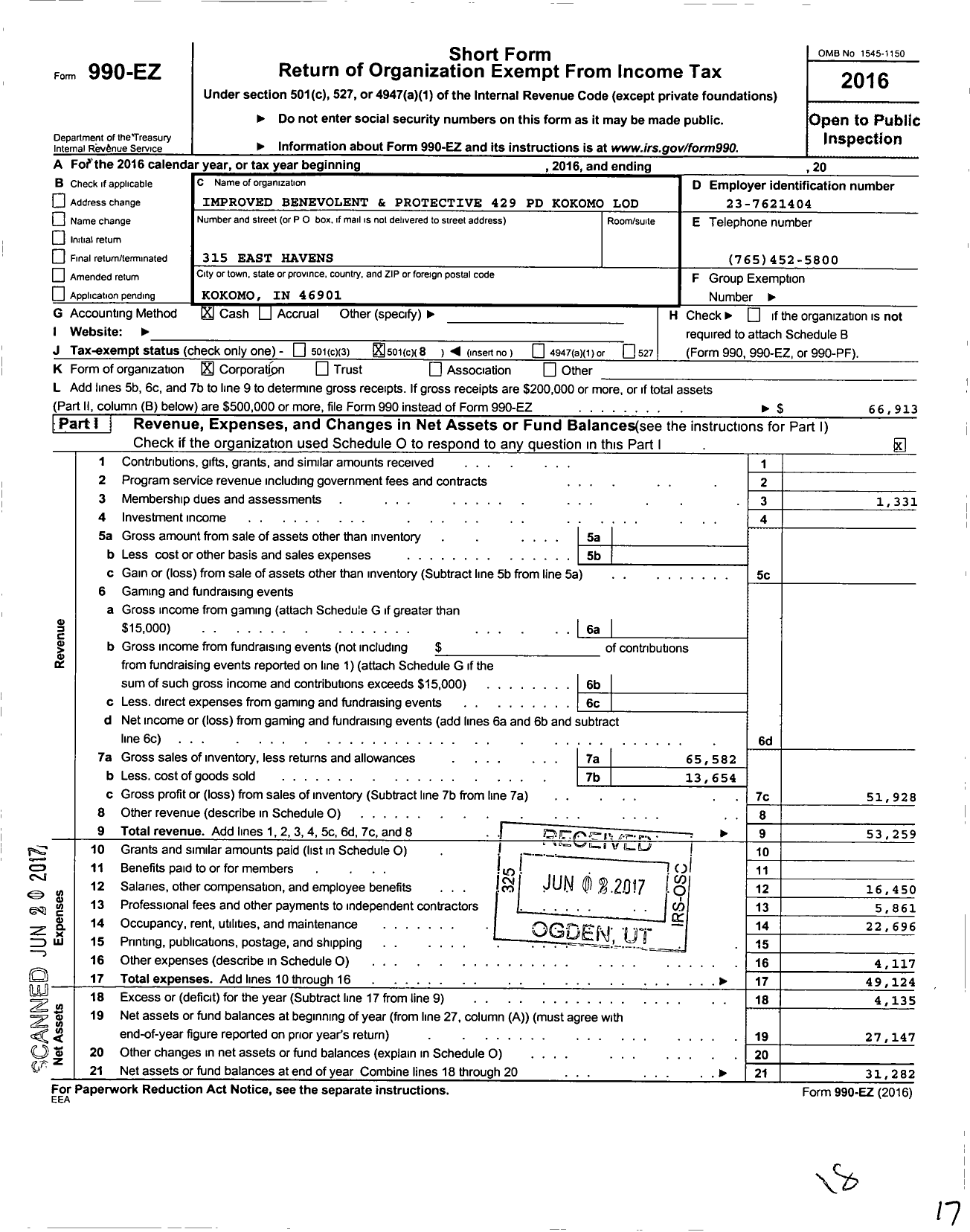 Image of first page of 2016 Form 990EO for Improved Benevolent and Protective Order of Elks of the World - 429 PD of Kokomo Lodge
