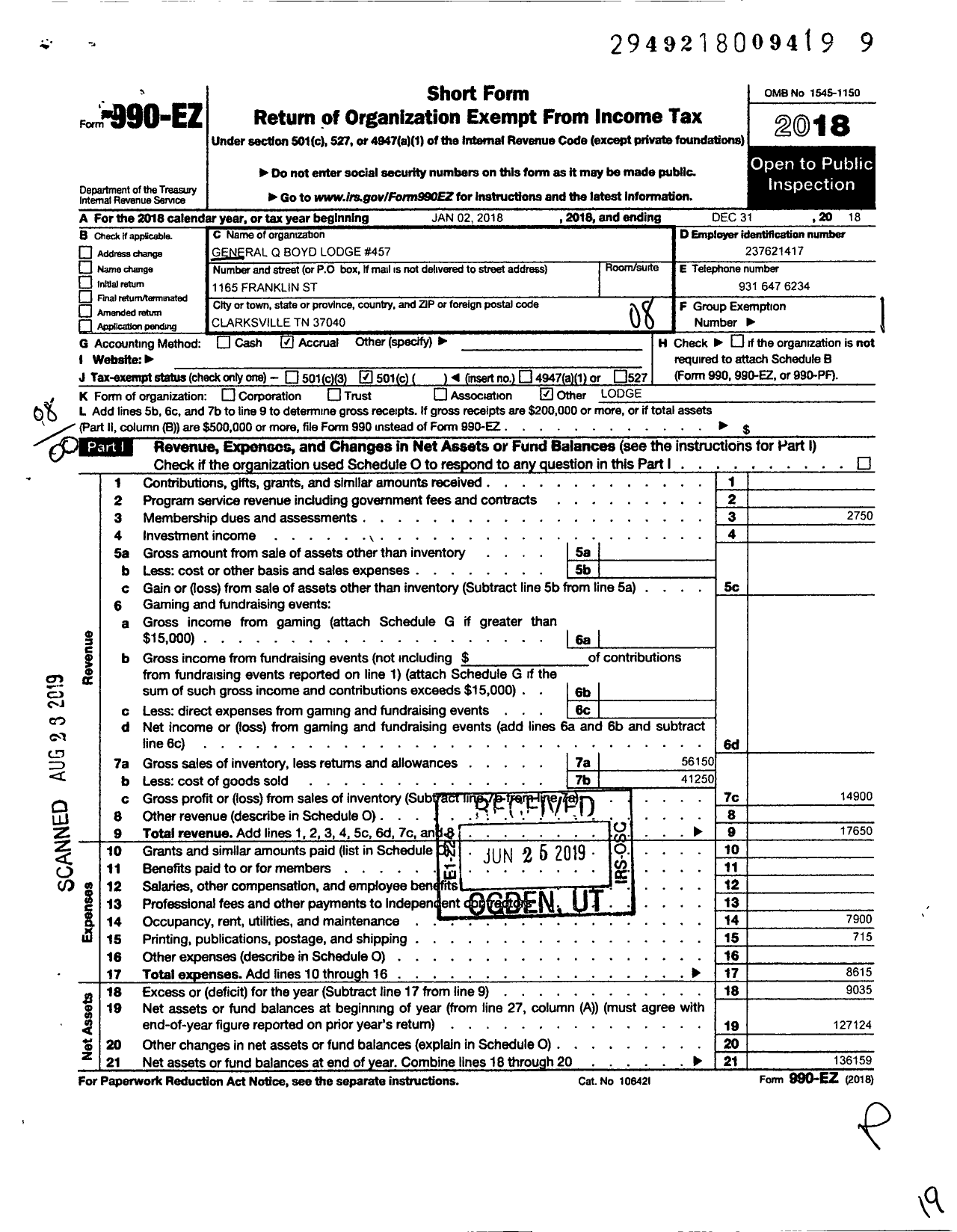 Image of first page of 2018 Form 990EO for Improved Benevolent and Protective Order of Elks of the World - 457 General Q Boyd Lodge