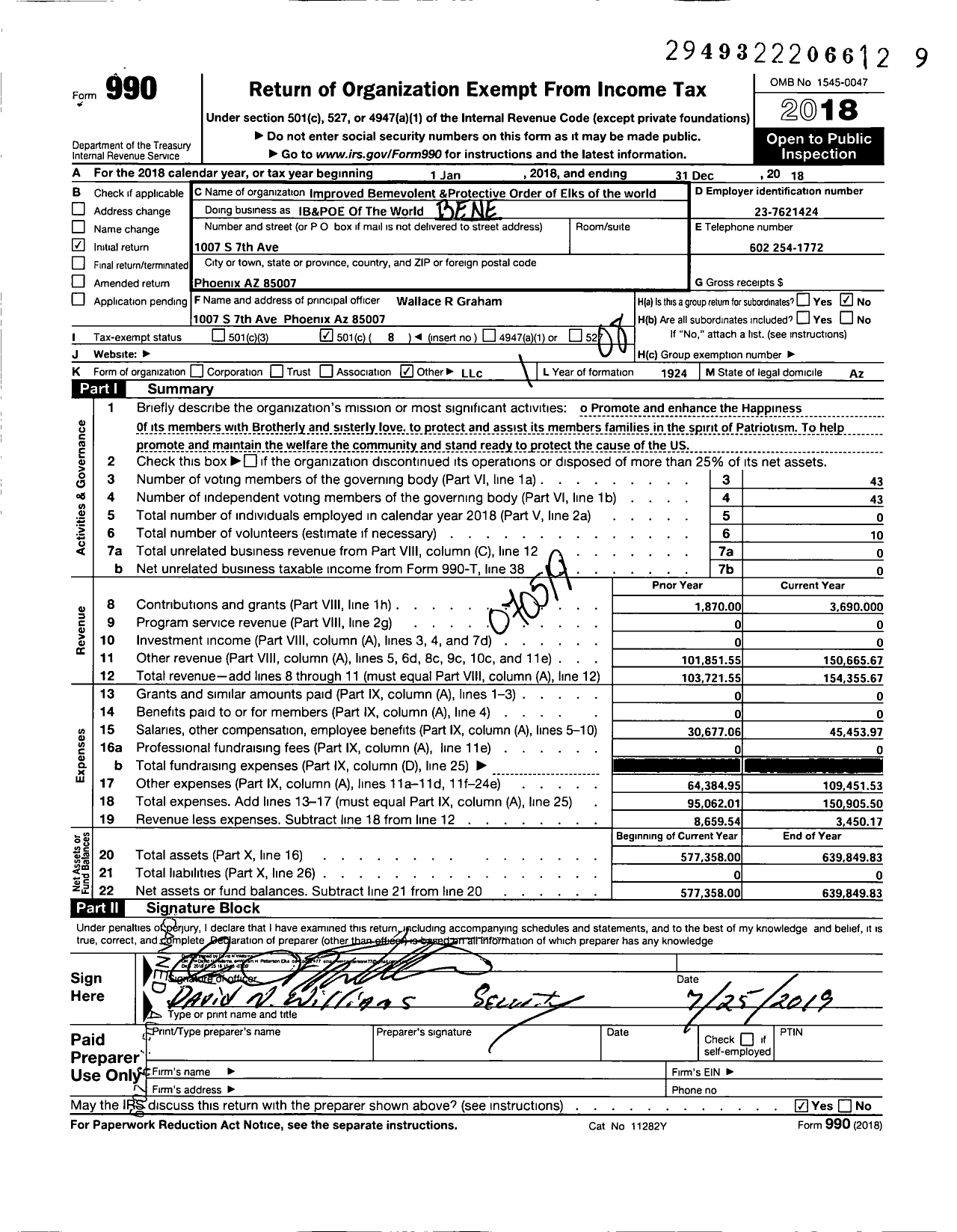 Image of first page of 2018 Form 990O for IMPROVED BENEVOLENT and PROTECTIVE ORDER OF ELKS OF THE WORLD - William H Patterson ELKS Lodge #477