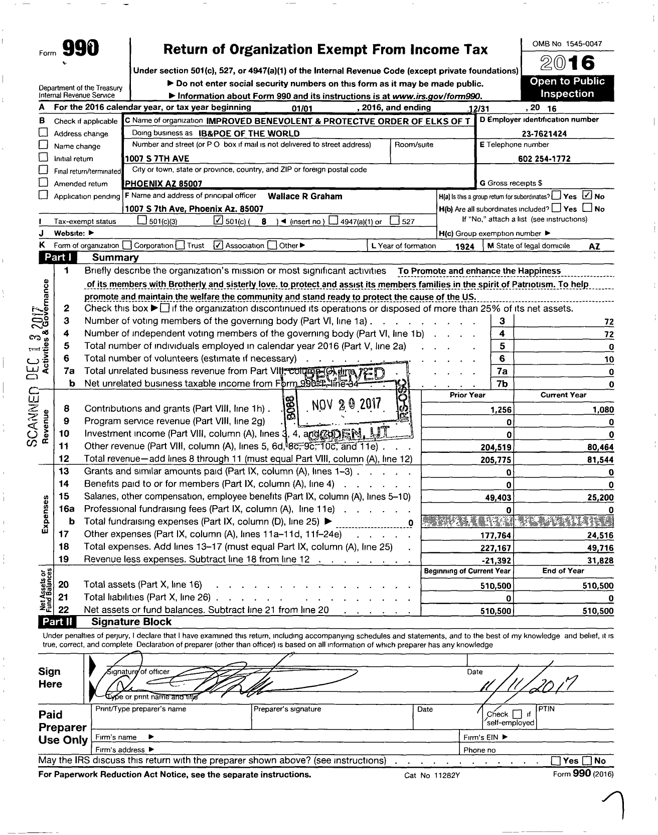 Image of first page of 2016 Form 990O for IMPROVED BENEVOLENT and PROTECTIVE ORDER OF ELKS OF THE WORLD - William H Patterson ELKS Lodge #477