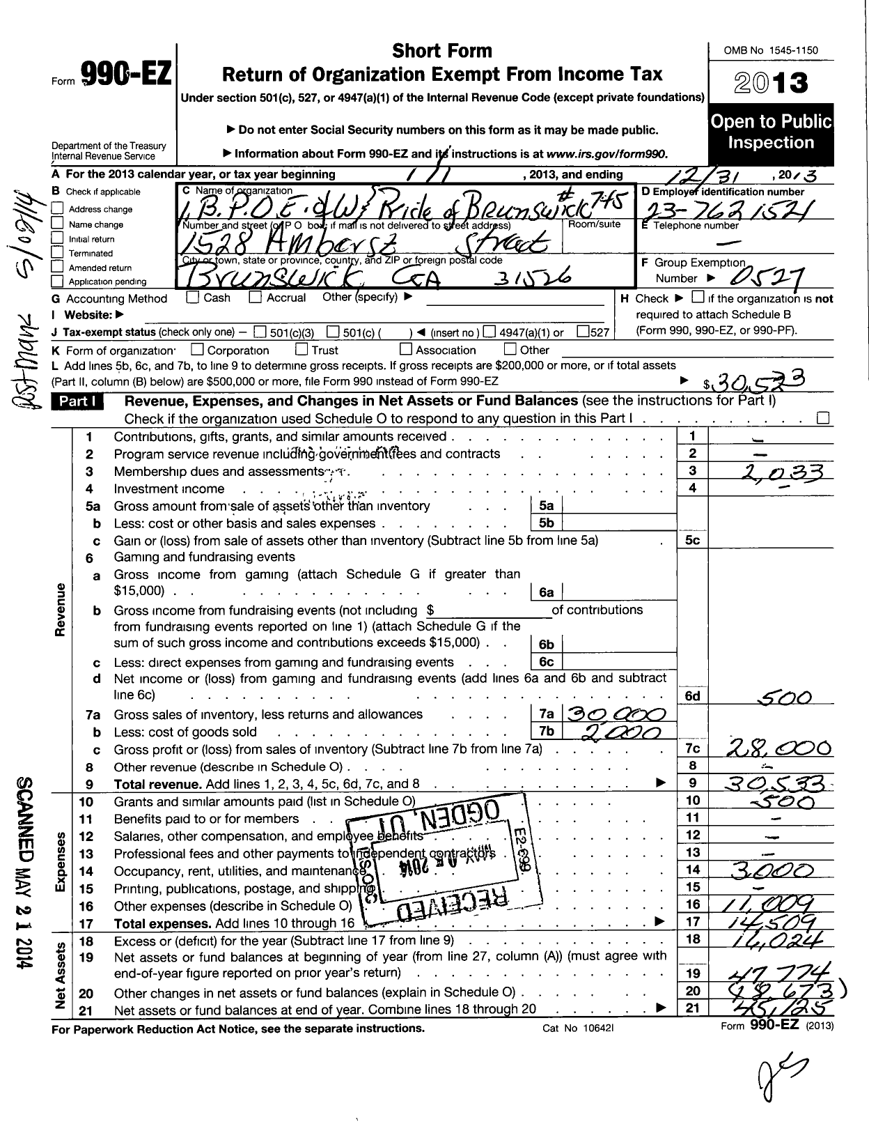 Image of first page of 2013 Form 990EO for Improved Benevolent and Protective Order of Elks of the World - 745 Pride of Brunswick