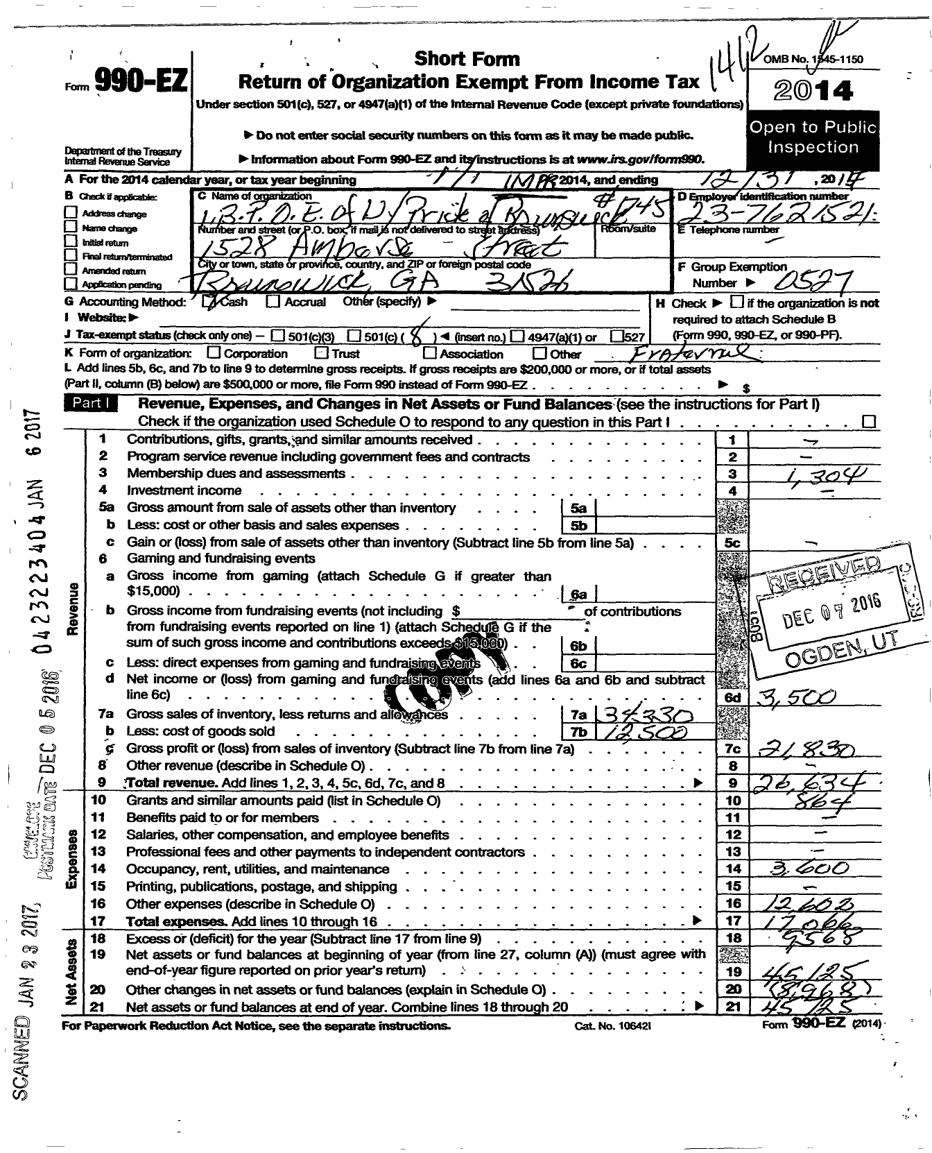 Image of first page of 2014 Form 990EO for Improved Benevolent and Protective Order of Elks of the World - 745 Pride of Brunswick