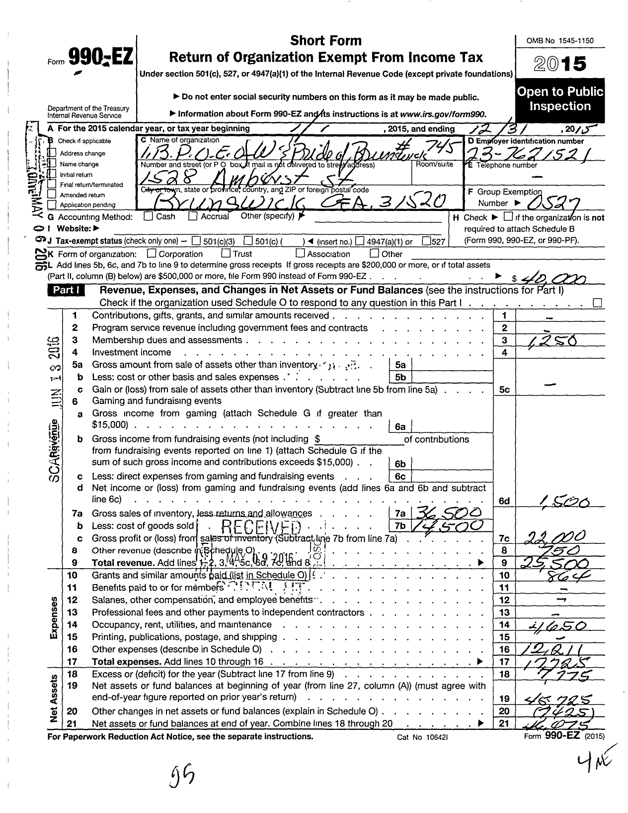 Image of first page of 2015 Form 990EO for Improved Benevolent and Protective Order of Elks of the World - 745 Pride of Brunswick