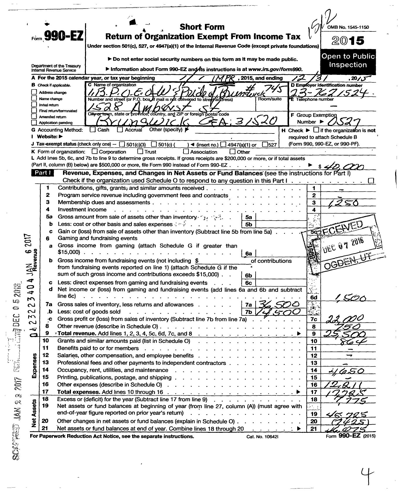 Image of first page of 2015 Form 990EO for Improved Benevolent and Protective Order of Elks of the World - 745 Pride of Brunswick Lodge