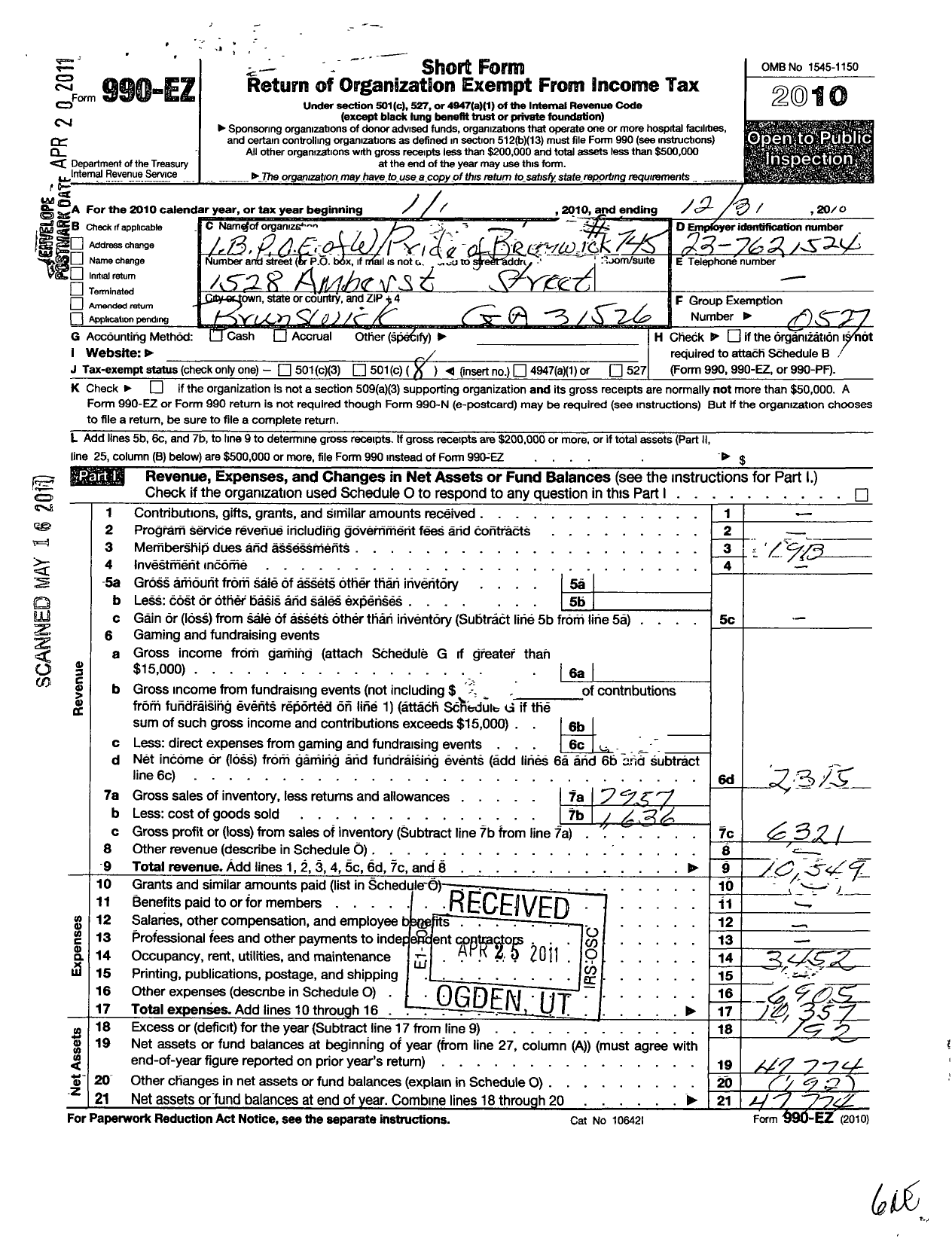 Image of first page of 2010 Form 990EO for Improved Benevolent and Protective Order of Elks of the World - 745 Pride of Brunswick Lodge