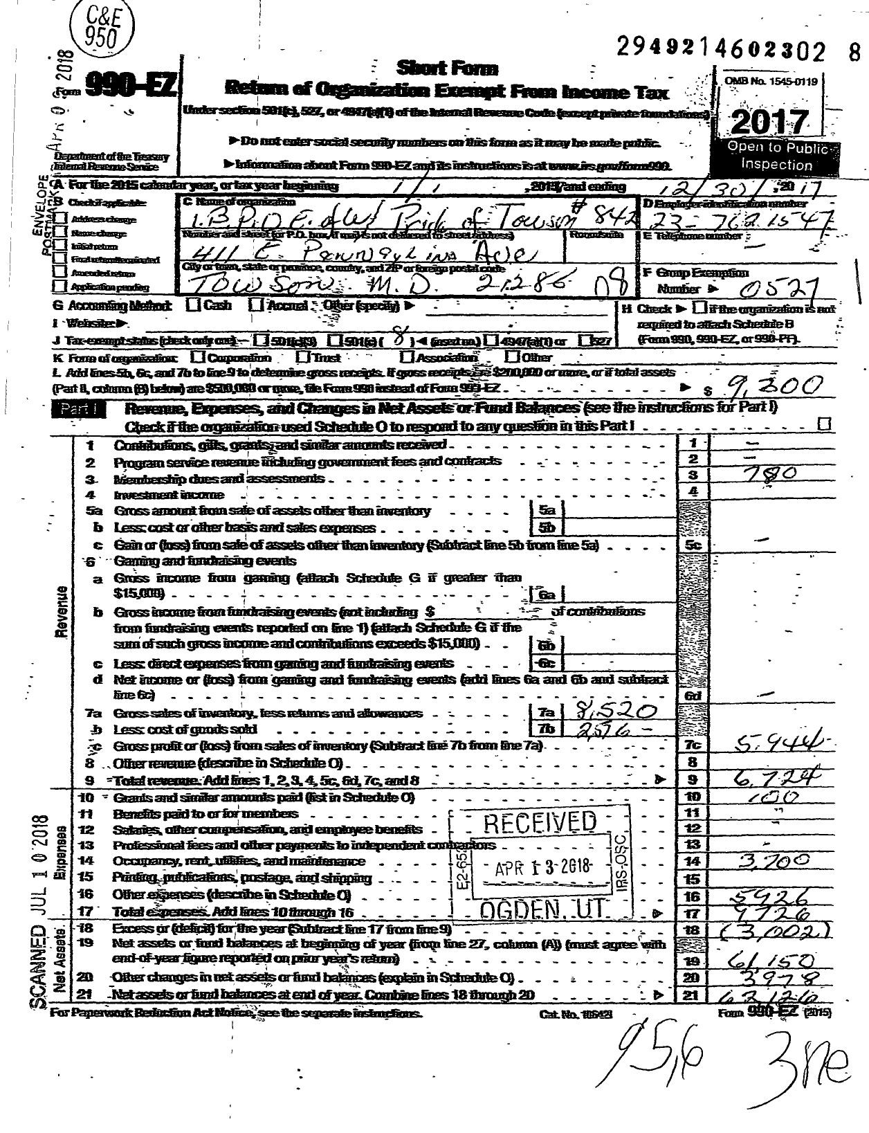 Image of first page of 2017 Form 990EO for Improved Benevolent and Protective Order of Elks of the World - 842 Pride of Towson Lodge