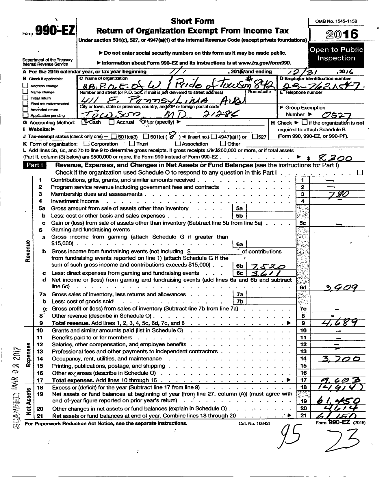 Image of first page of 2016 Form 990EO for Improved Benevolent and Protective Order of Elks of the World - 842 Pride of Towson Lodge