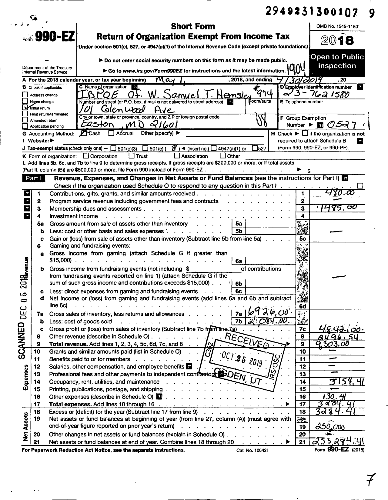 Image of first page of 2018 Form 990EO for Improved Benevolent and Protective Order of Elks of the World - 974 Samuel T Hemsley Lodge