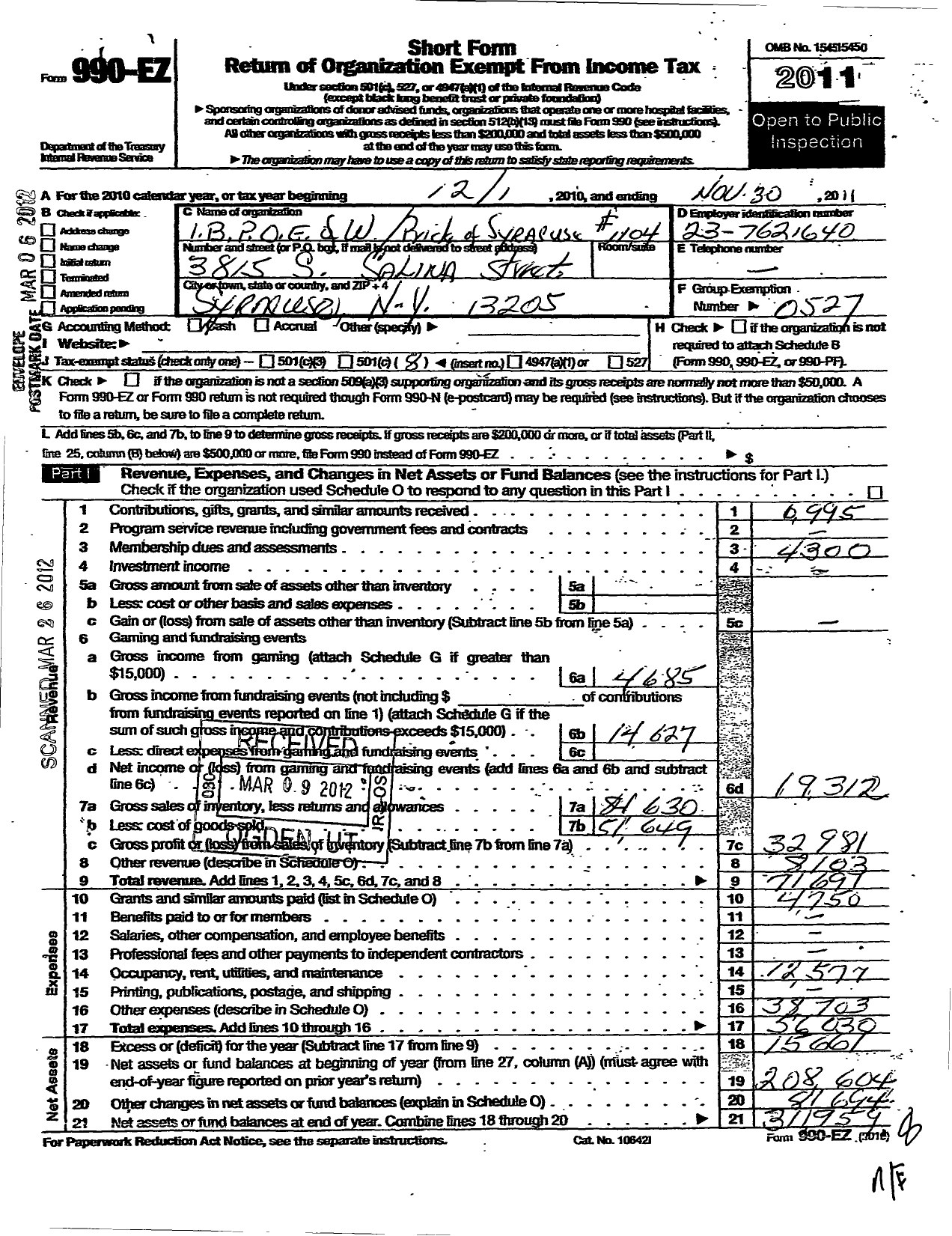 Image of first page of 2010 Form 990EO for Improved Benevolent and Protective Order of Elks of the World - Pride of Syracuse 1104