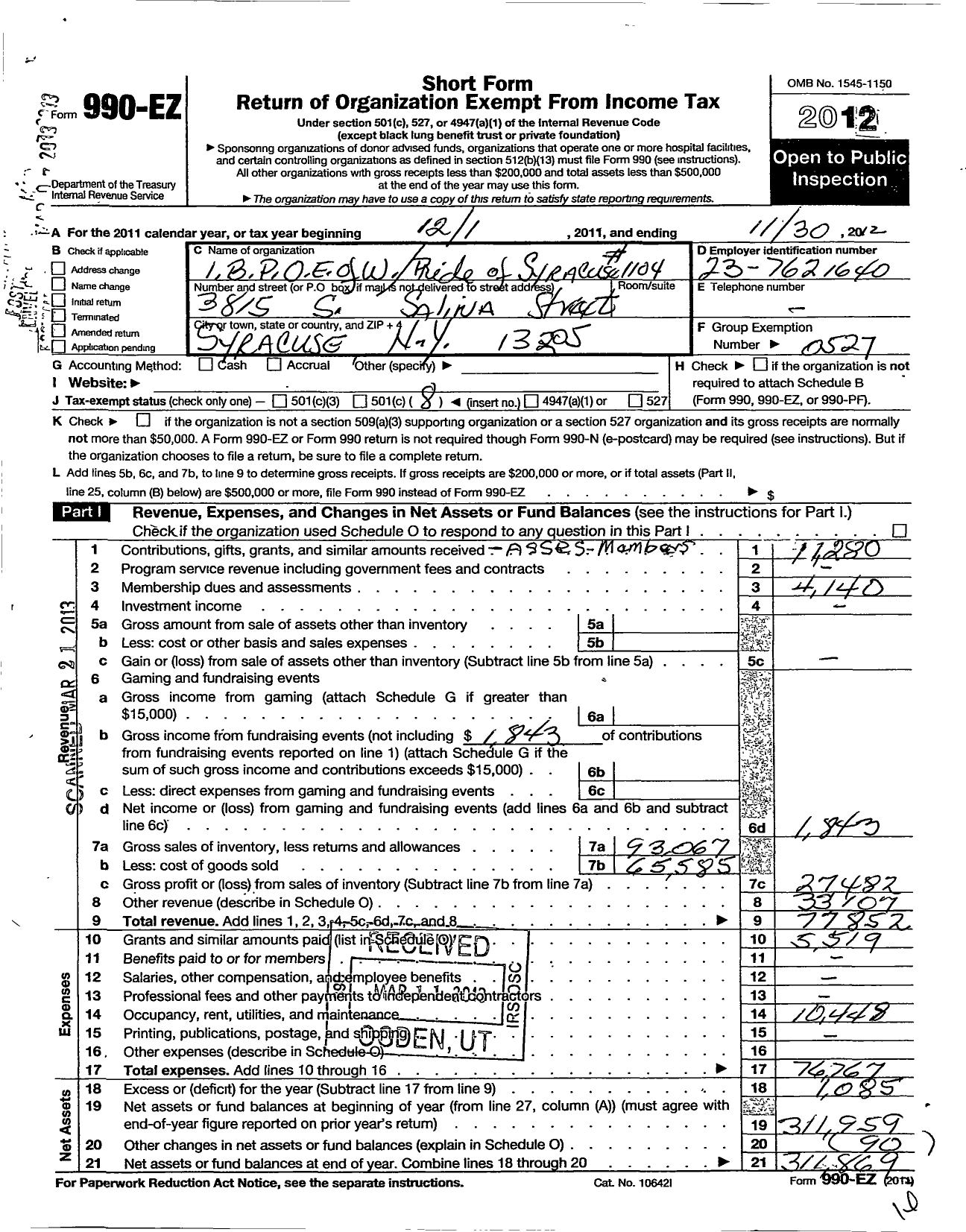 Image of first page of 2011 Form 990EO for Improved Benevolent and Protective Order of Elks of the World - Pride of Syracuse 1104