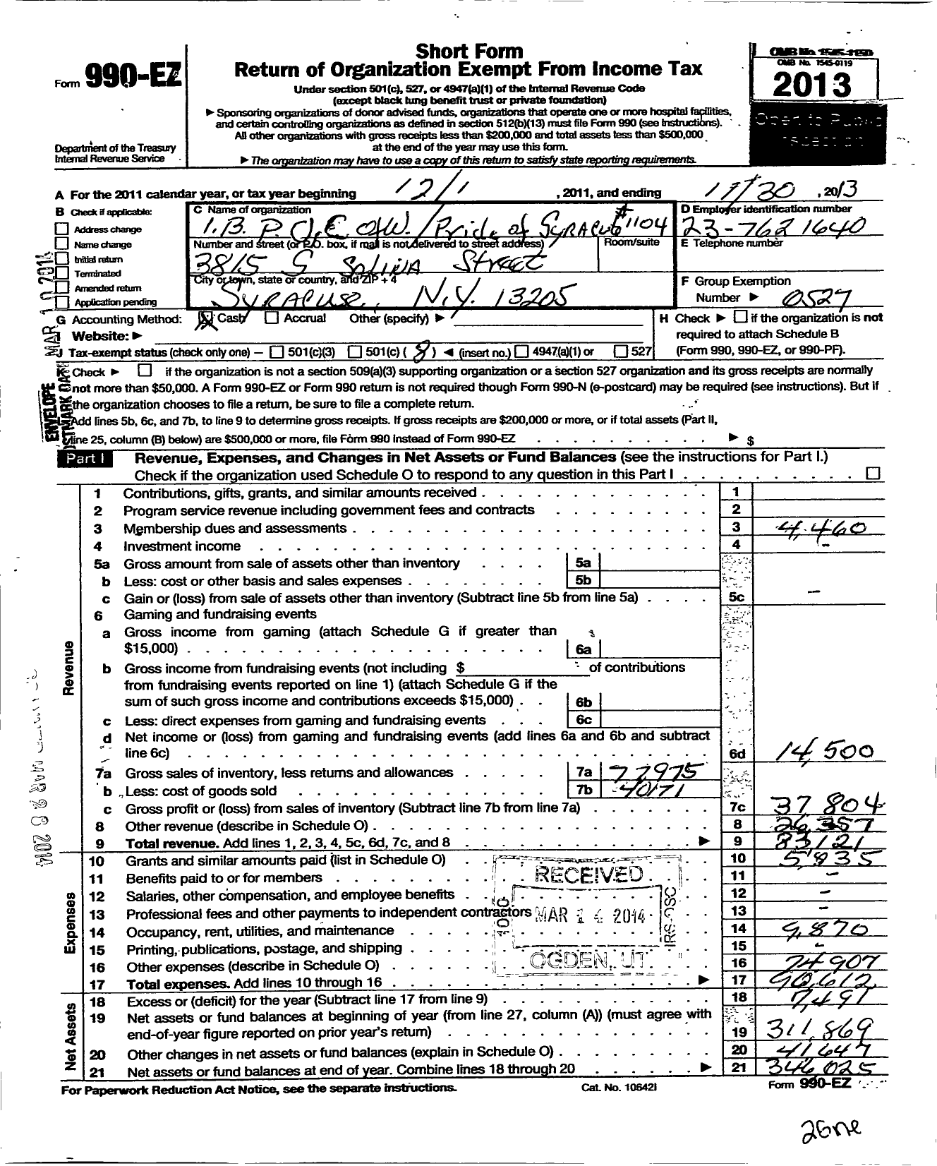 Image of first page of 2012 Form 990EO for Improved Benevolent and Protective Order of Elks of the World - Pride of Syracuse 1104