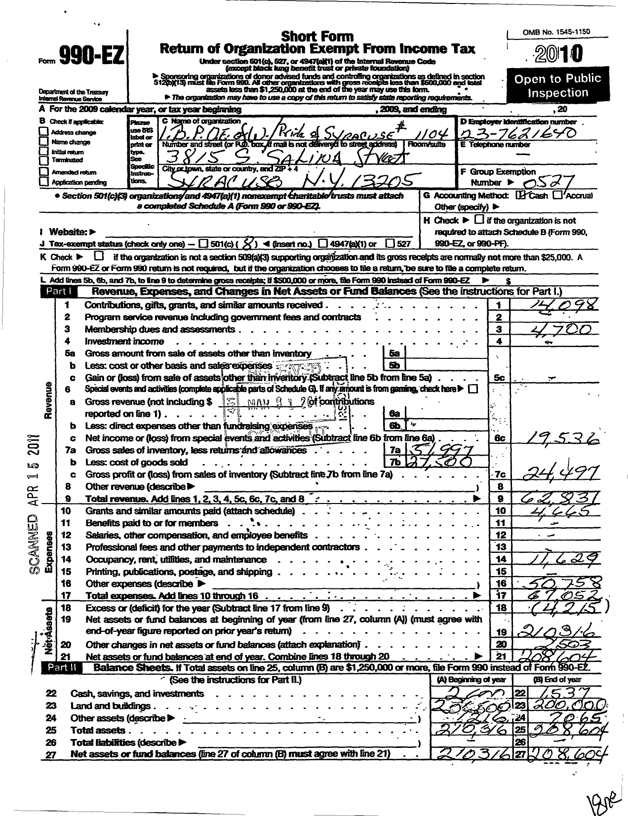 Image of first page of 2010 Form 990EO for Improved Benevolent and Protective Order of Elks of the World - Pride of Syracuse 1104