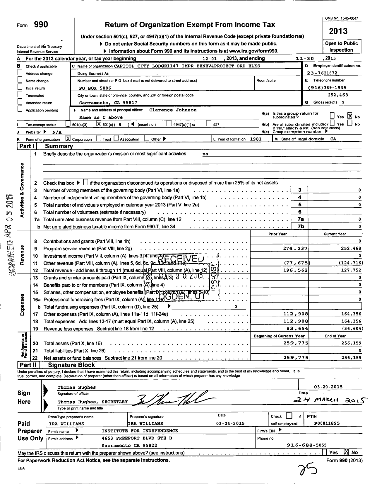 Image of first page of 2014 Form 990O for Improved Benevolent and Protective Order of Elks of the World - 1147 Capital City Lodge BPOE