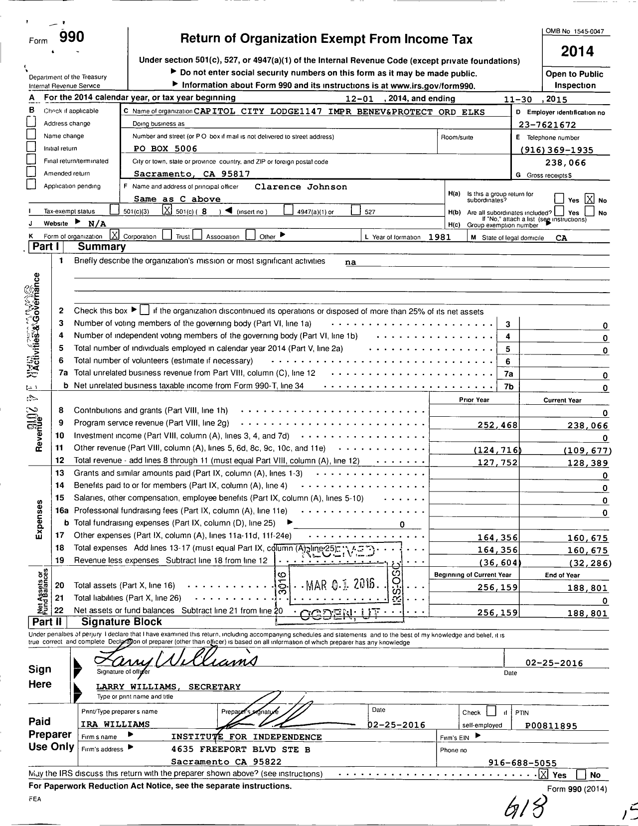 Image of first page of 2014 Form 990O for Improved Benevolent and Protective Order of Elks of the World - 1147 Capital City Lodge BPOE