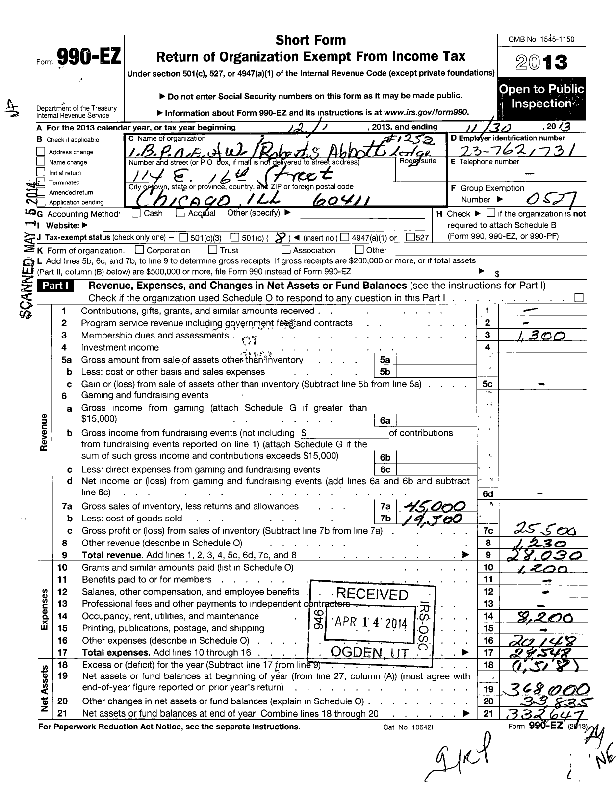 Image of first page of 2012 Form 990EO for Improved Benevolent and Protective Order of Elks of the World - 1252 Robert S Abbott Lodge