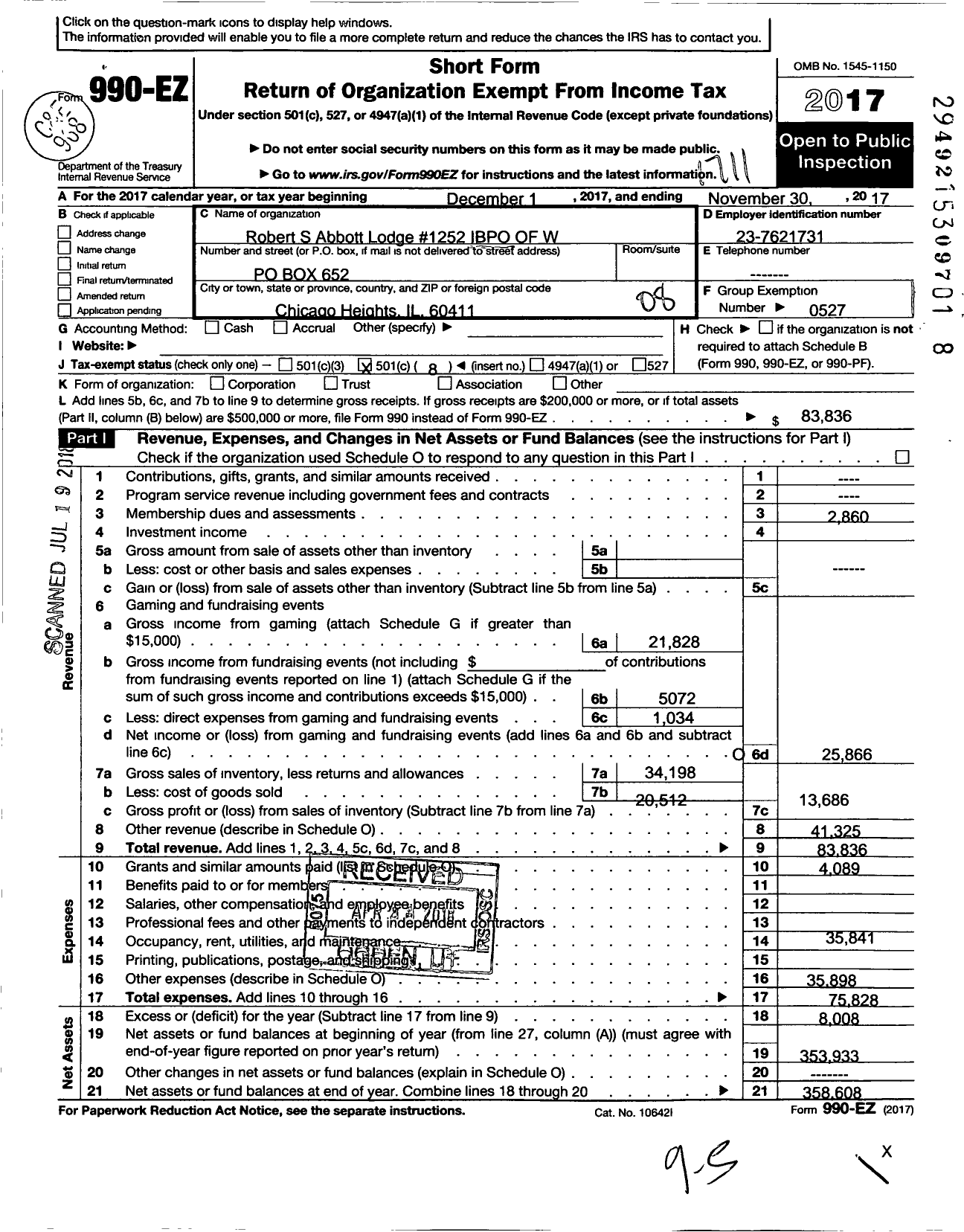 Image of first page of 2016 Form 990EO for Improved Benevolent and Protective Order of Elks of the World - 1252 Robert S Abbott Lodge