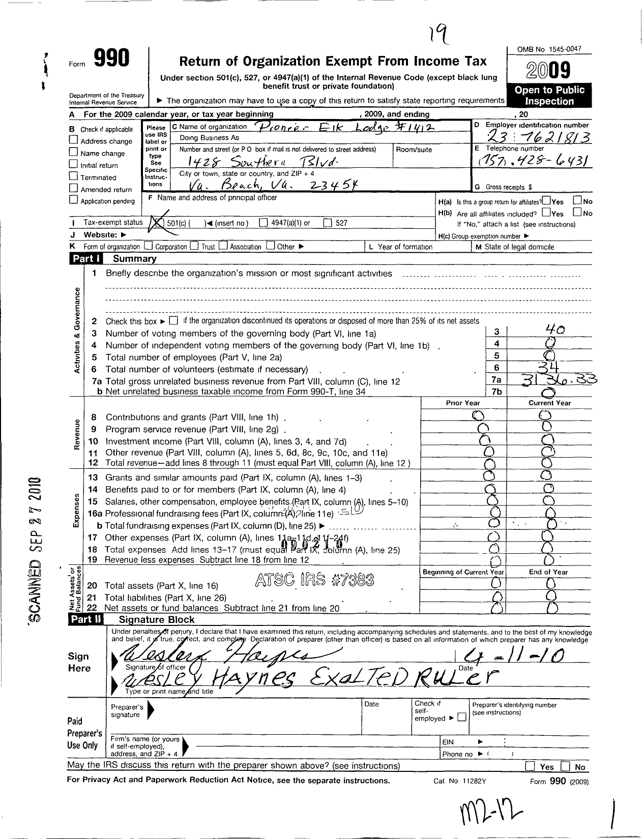 Image of first page of 2009 Form 990O for Improved Benevolent and Protective Order of Elks of the World - 1412 Pioneer Lodge