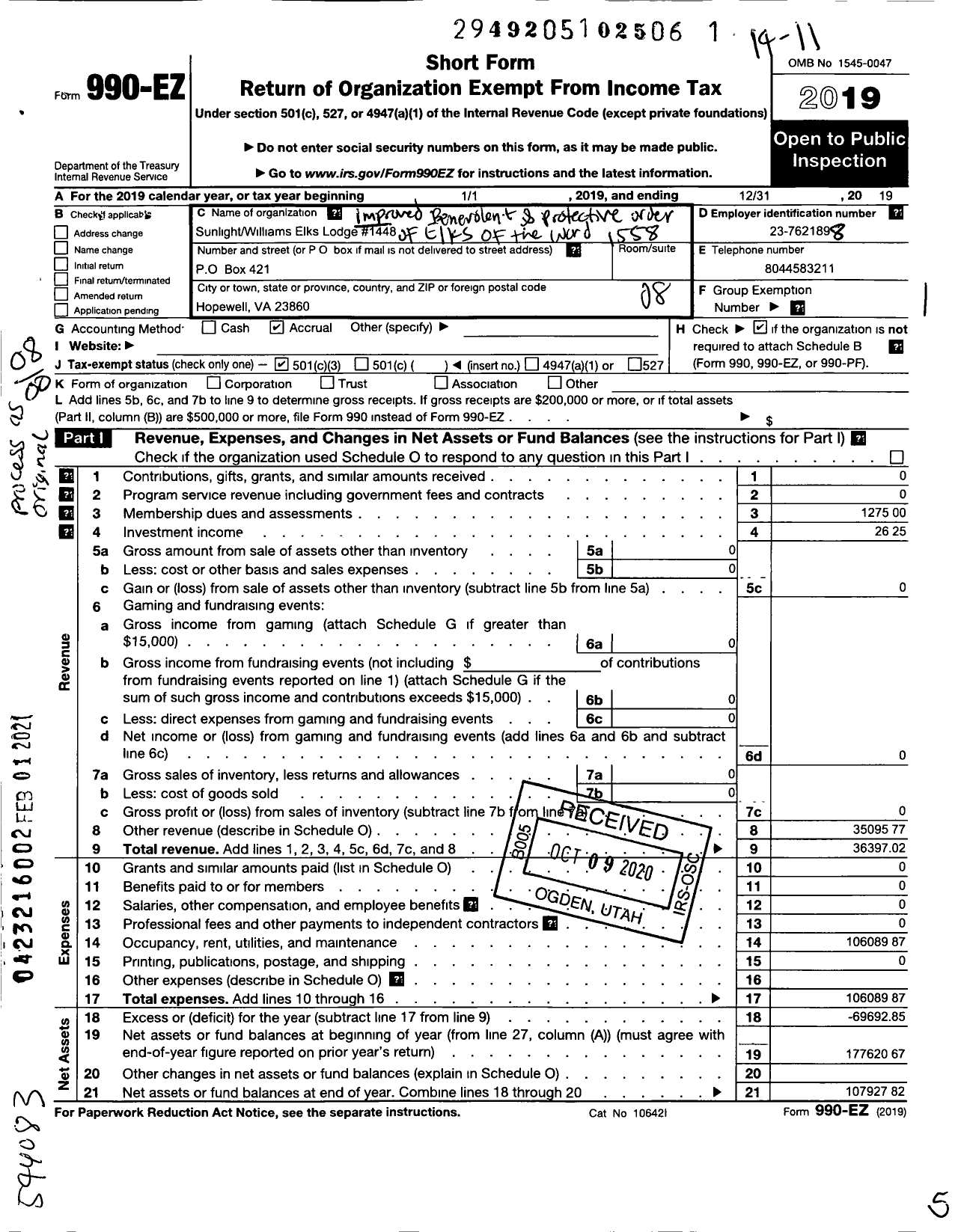 Image of first page of 2019 Form 990EO for Improved Benevolent and Protective Order of Elks of the World - 1558 Sunlight Lodge