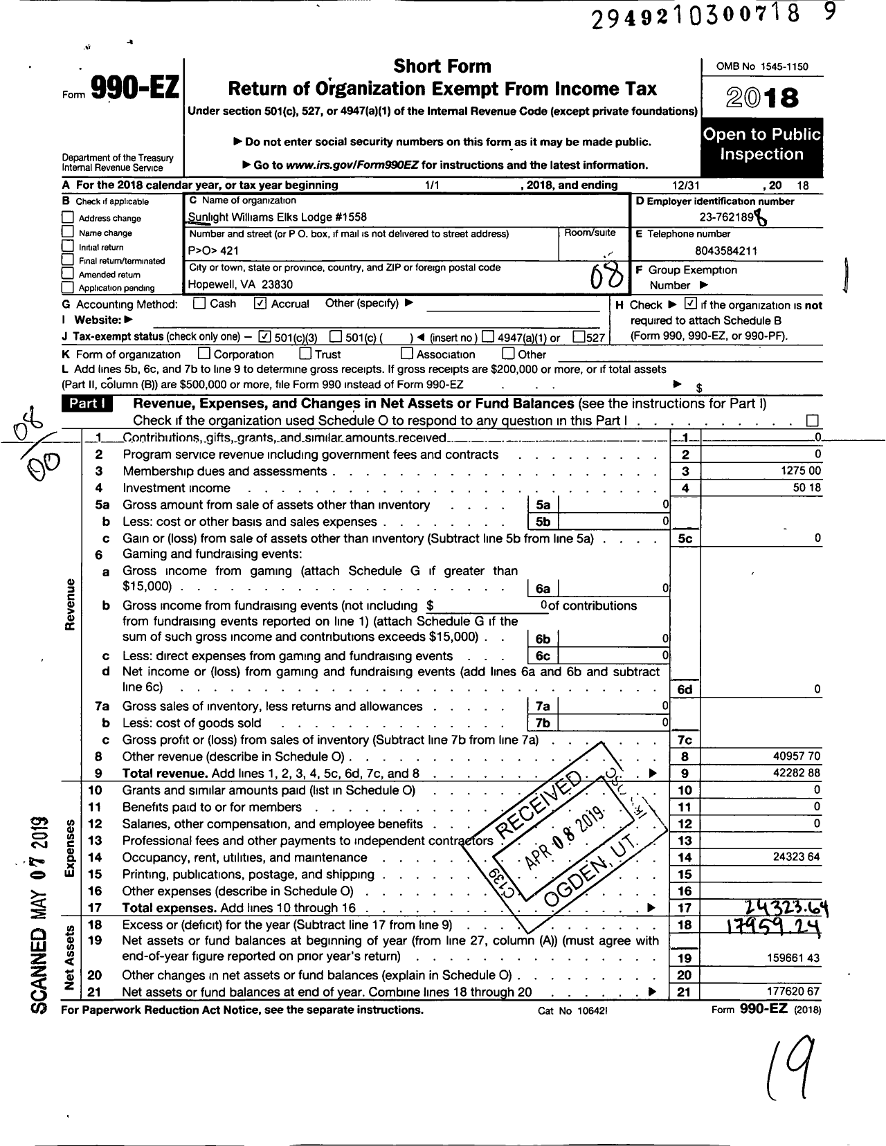 Image of first page of 2018 Form 990EO for Improved Benevolent and Protective Order of Elks of the World - 1558 Sunlight Lodge