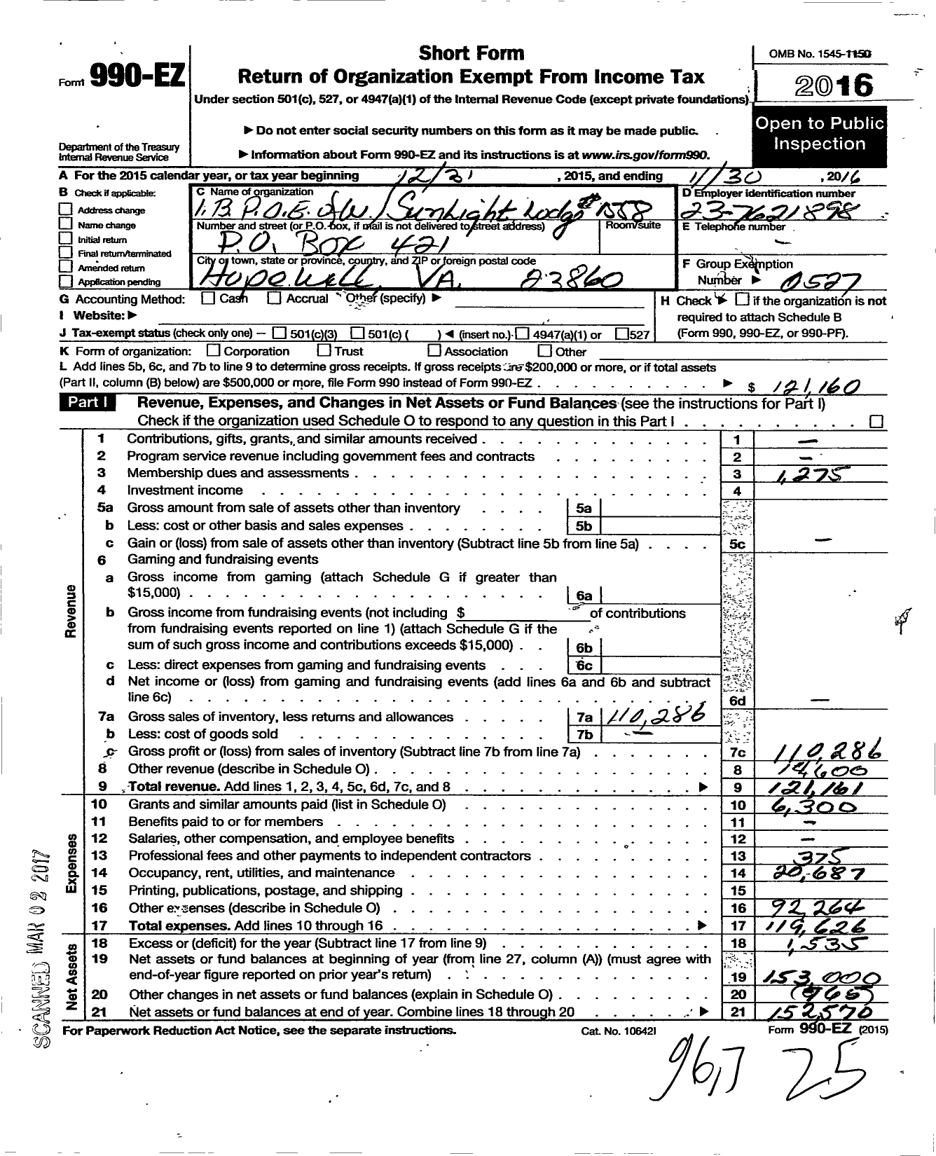 Image of first page of 2015 Form 990EO for Improved Benevolent and Protective Order of Elks of the World - 1558 Sunlight Lodge