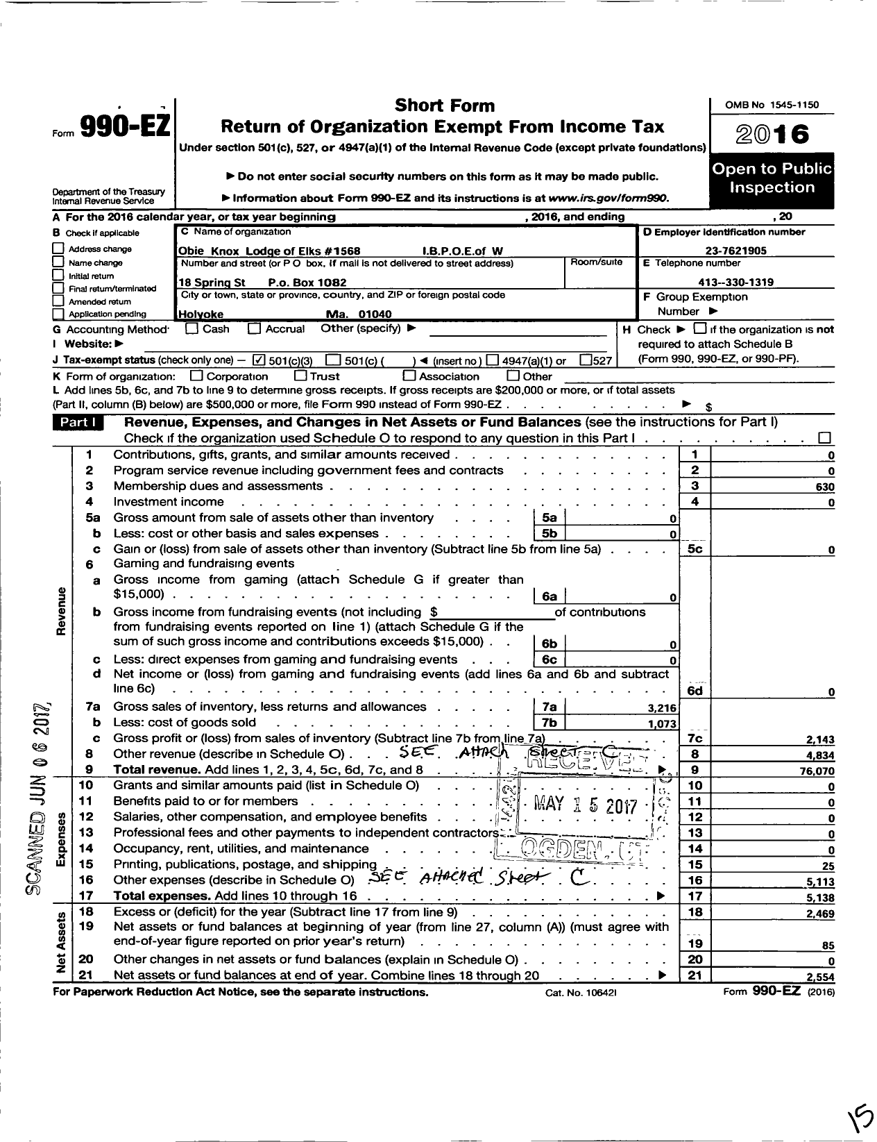 Image of first page of 2016 Form 990EZ for Improved Benevolent and Protective Order of Elks of the World - 1568 Obie Knox Lodge