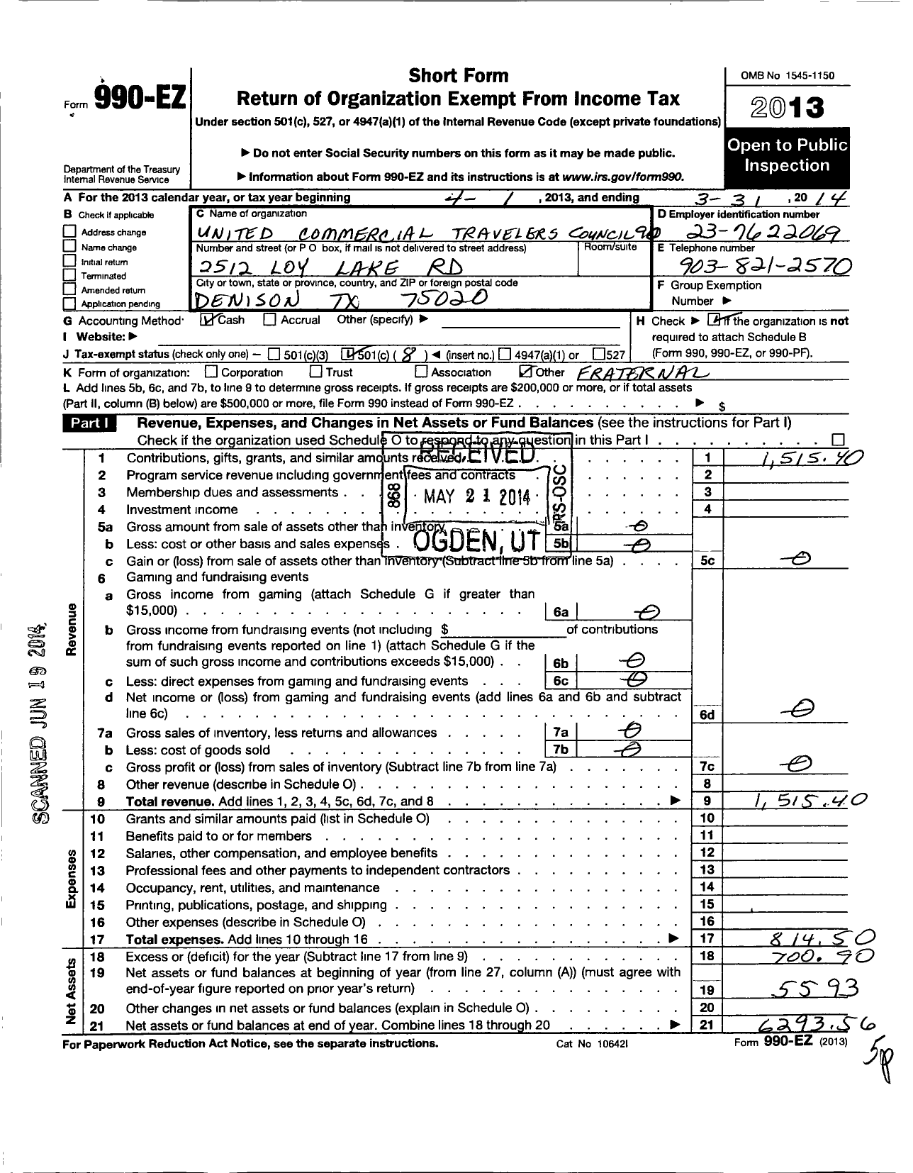 Image of first page of 2013 Form 990EO for United Commercial Travelers of America / 90 Texoma Council