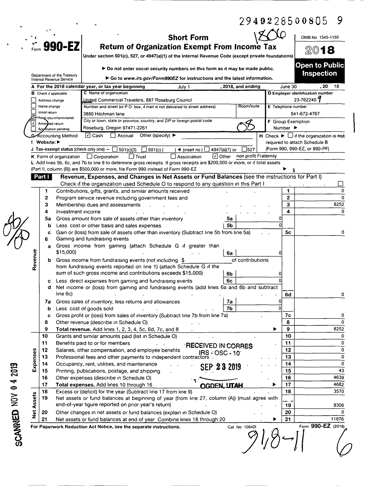 Image of first page of 2017 Form 990EO for United Commercial Travelers of America - 887 Umpqua Roseburg Council