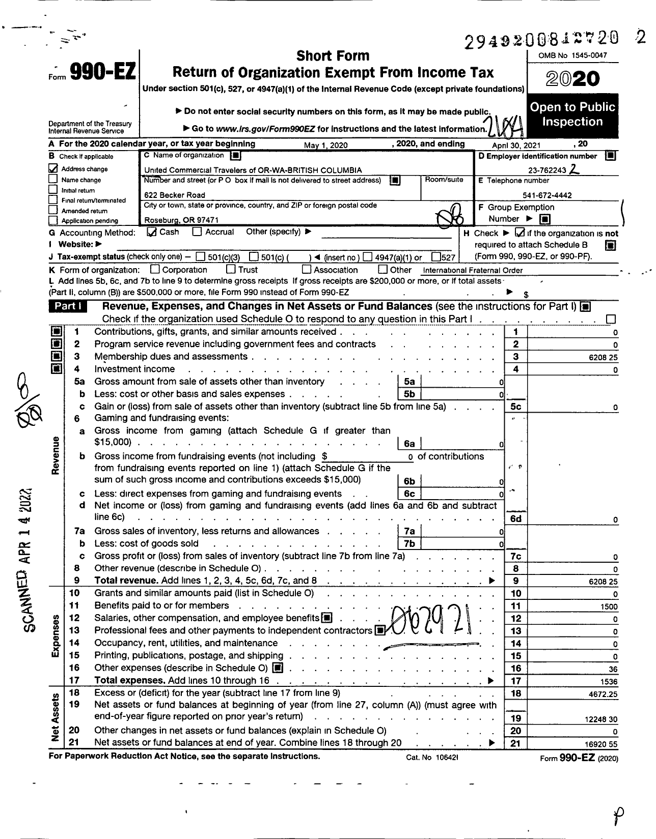 Image of first page of 2020 Form 990EO for UNITED COMMERCIAL TRAVELERS OF AMERICA OF Oregon Washington and BC