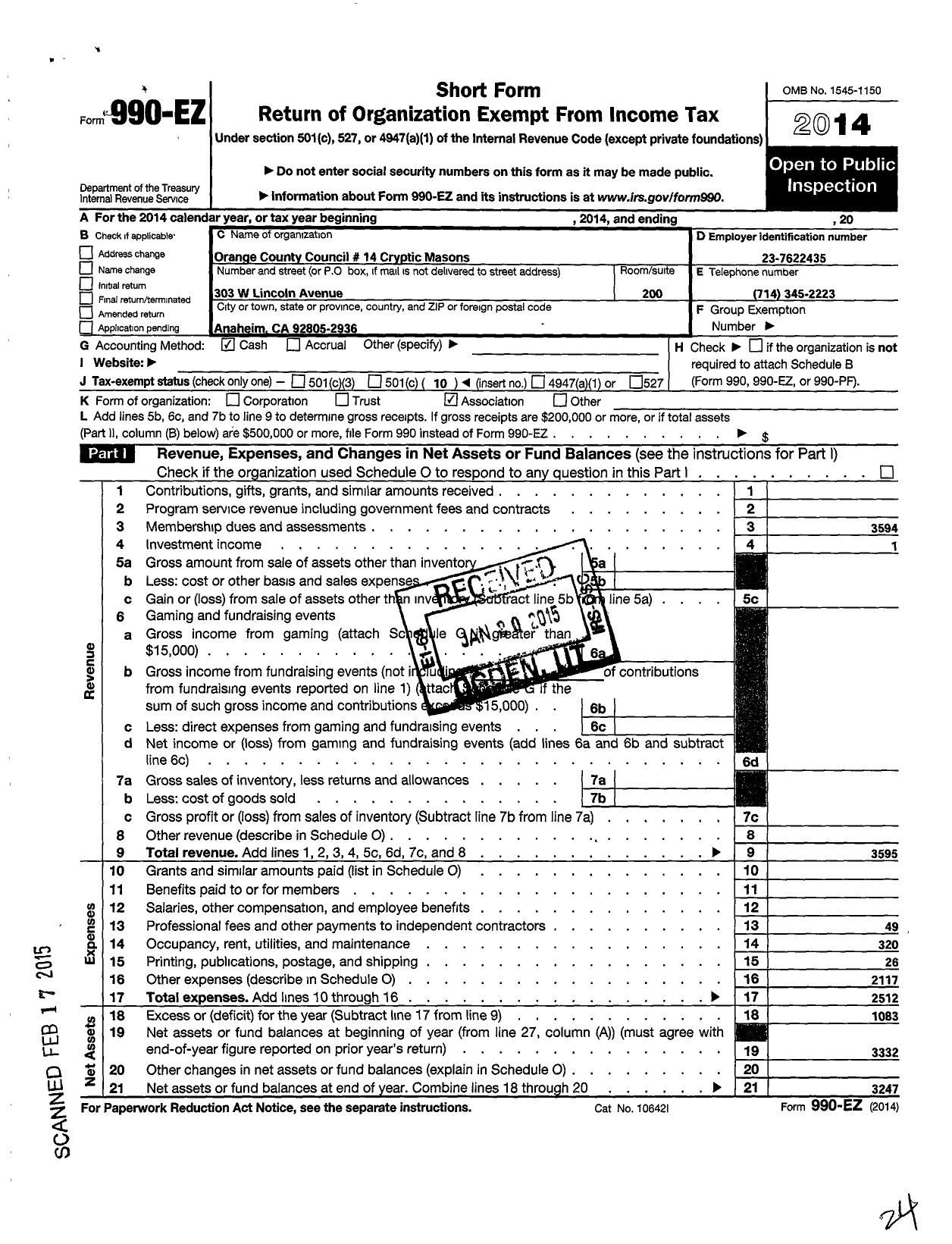 Image of first page of 2014 Form 990EO for Cryptic Masons of California - 14 Orange County Council