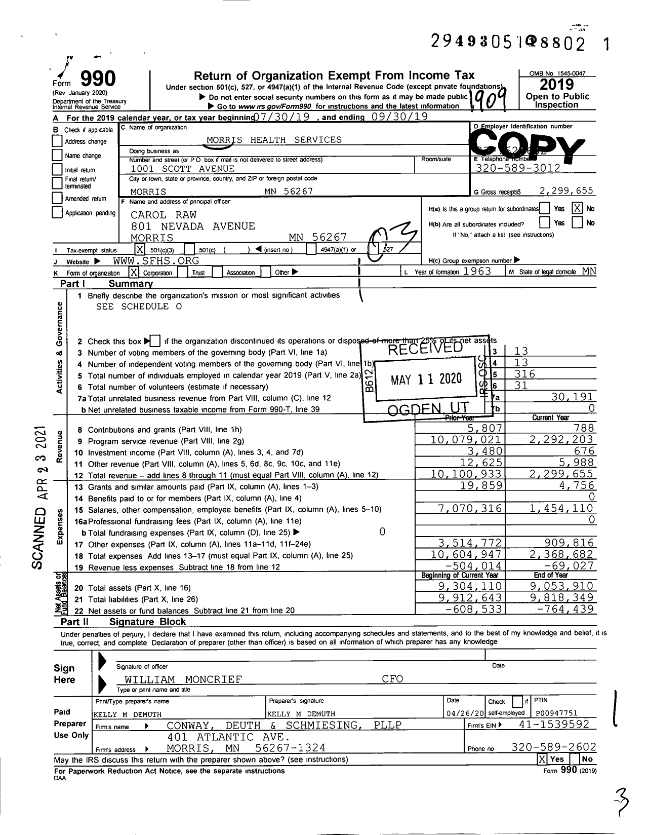 Image of first page of 2018 Form 990 for Morris Health Services