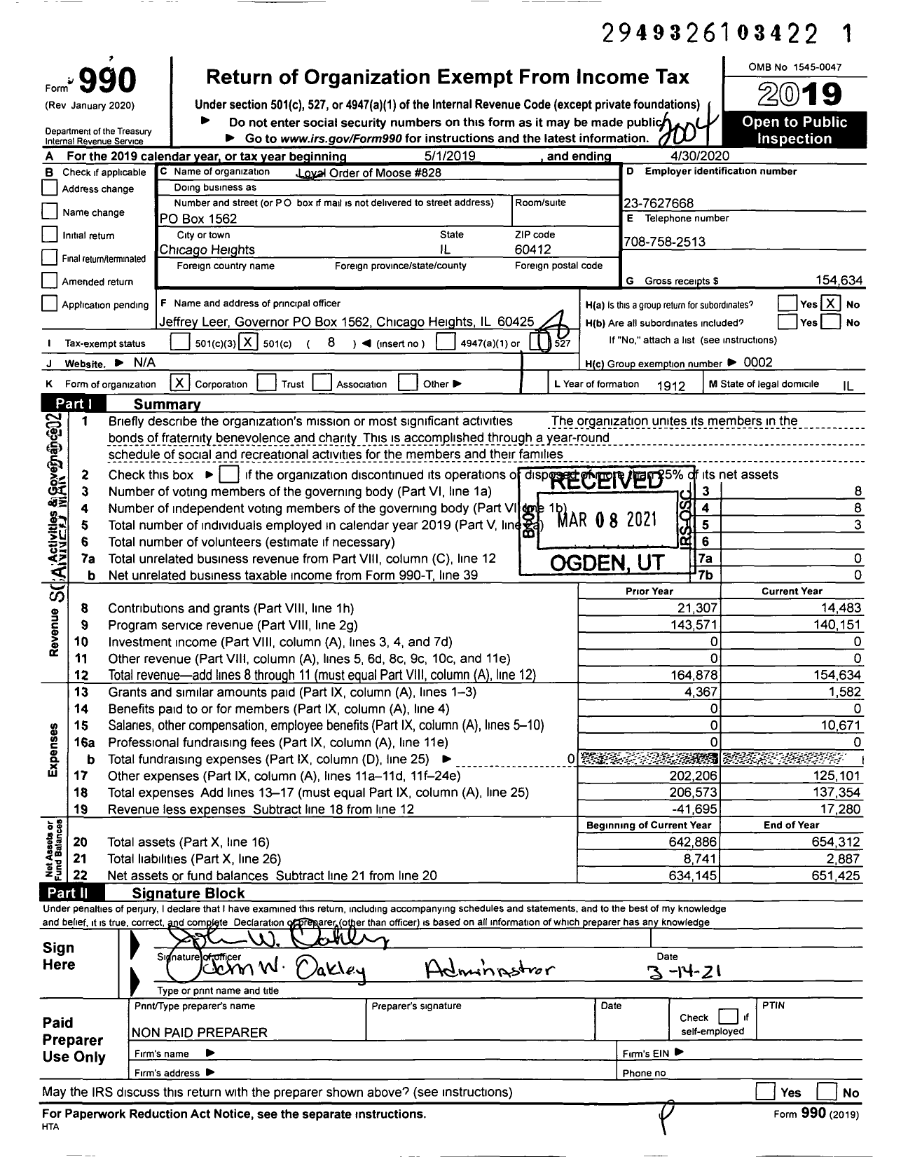 Image of first page of 2019 Form 990O for Loyal Order of Moose - Moose Lodge 828