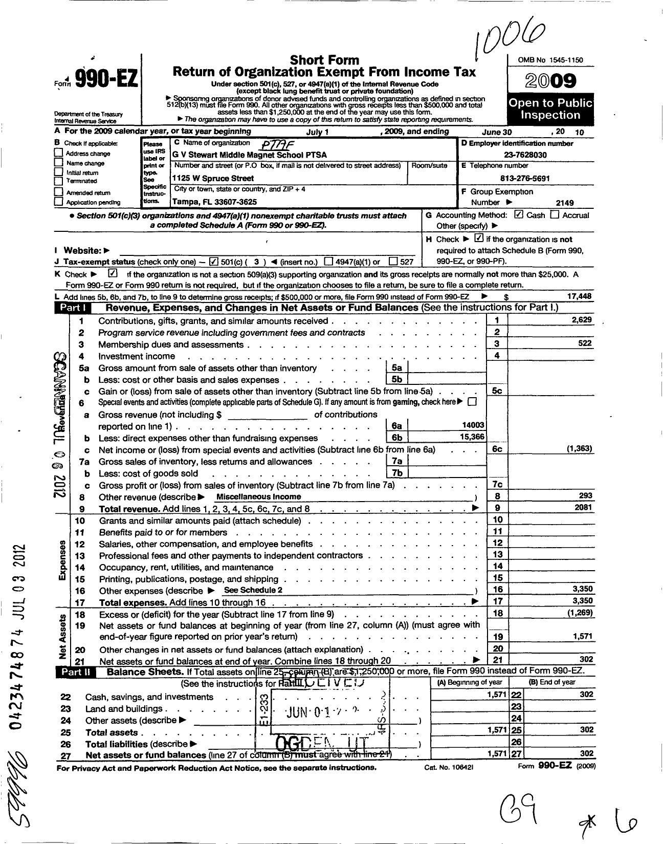 Image of first page of 2009 Form 990EZ for PTA Florida Congress - Stewart Middle Magnet Ptsa