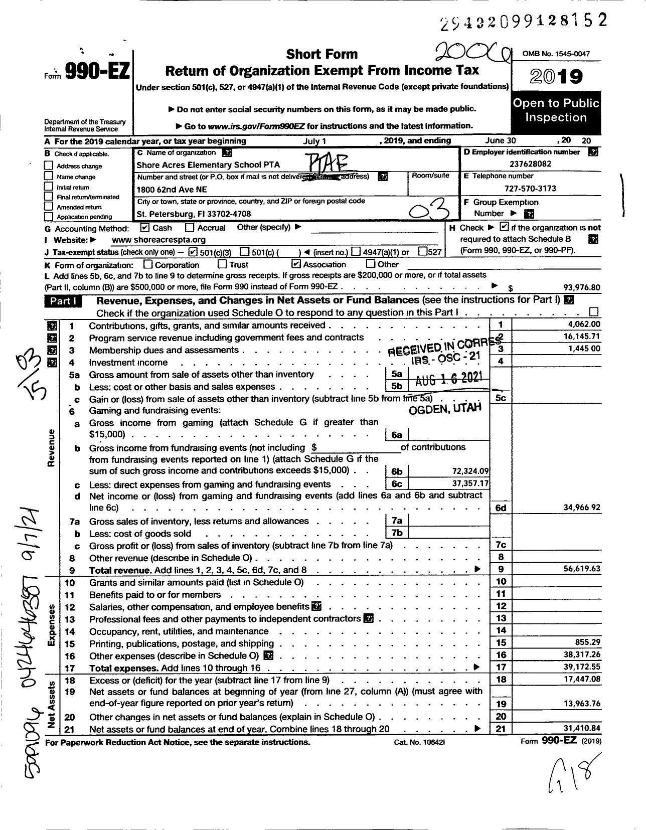 Image of first page of 2019 Form 990EZ for PTA Florida Congress - Shore Acres Elementary School PTA