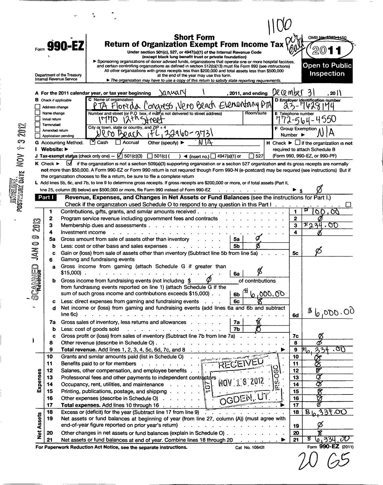 Image of first page of 2011 Form 990EZ for PTA Florida Congress - Vero Beach Elementary School PTA