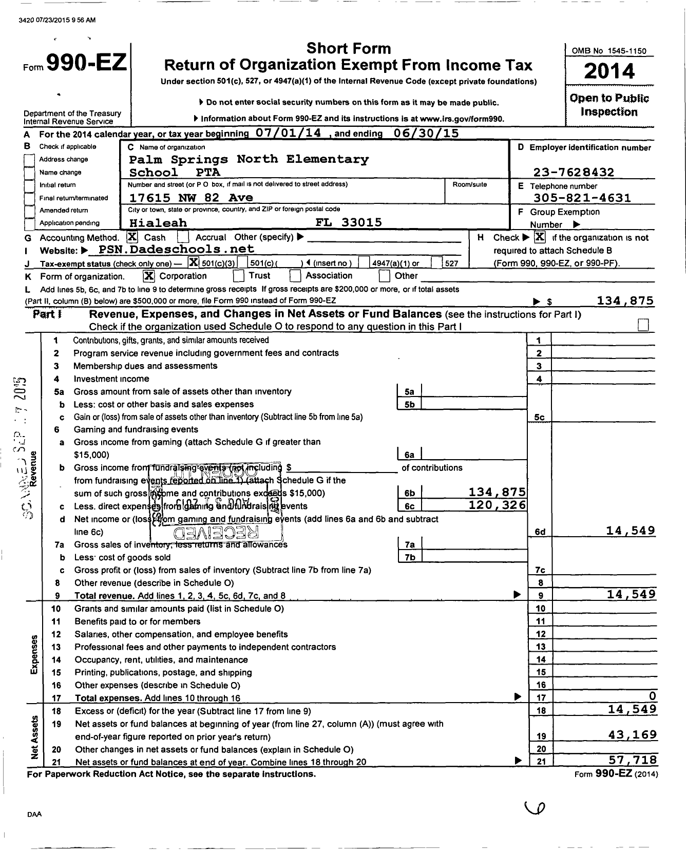 Image of first page of 2014 Form 990EZ for Pta Florida Congress - Palm Springs North Elem School Pta