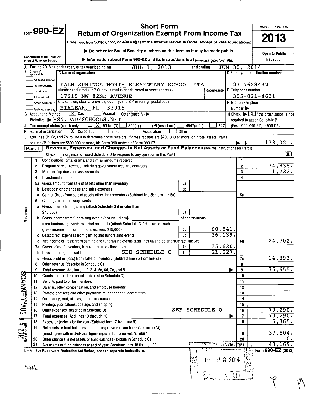 Image of first page of 2013 Form 990EZ for Pta Florida Congress - Palm Springs North Elem School Pta