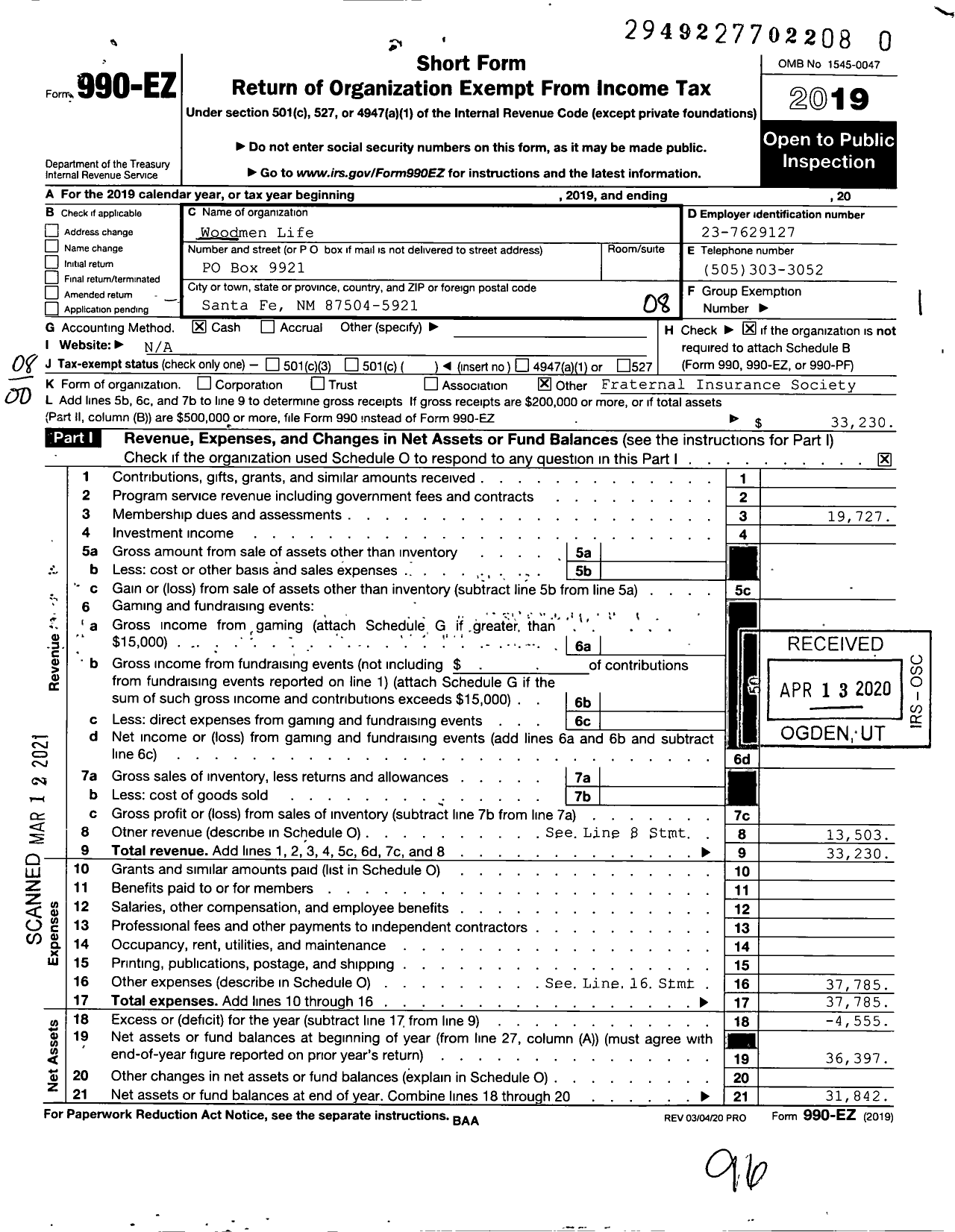 Image of first page of 2019 Form 990EO for Woodmenlife - 03-nm