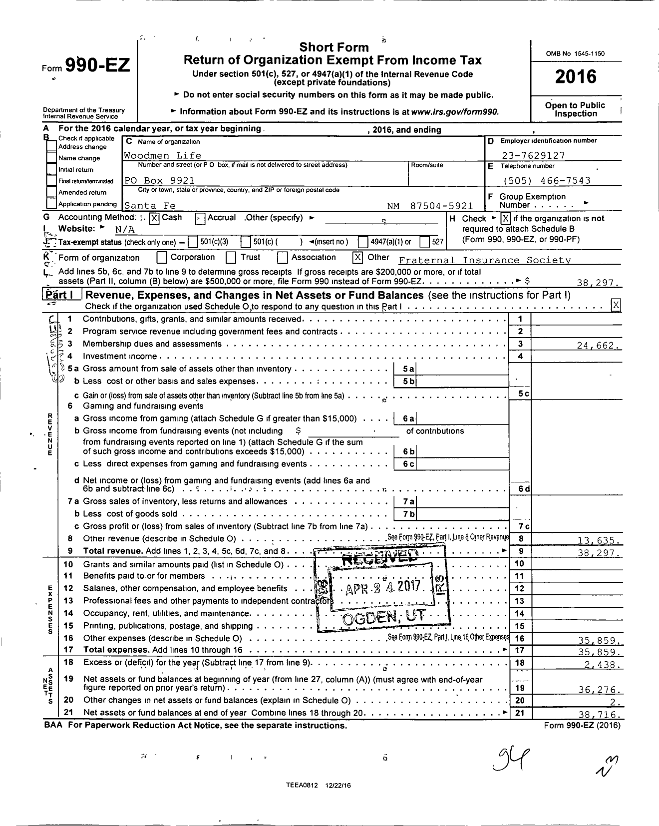 Image of first page of 2016 Form 990EO for Woodmenlife - 03-nm