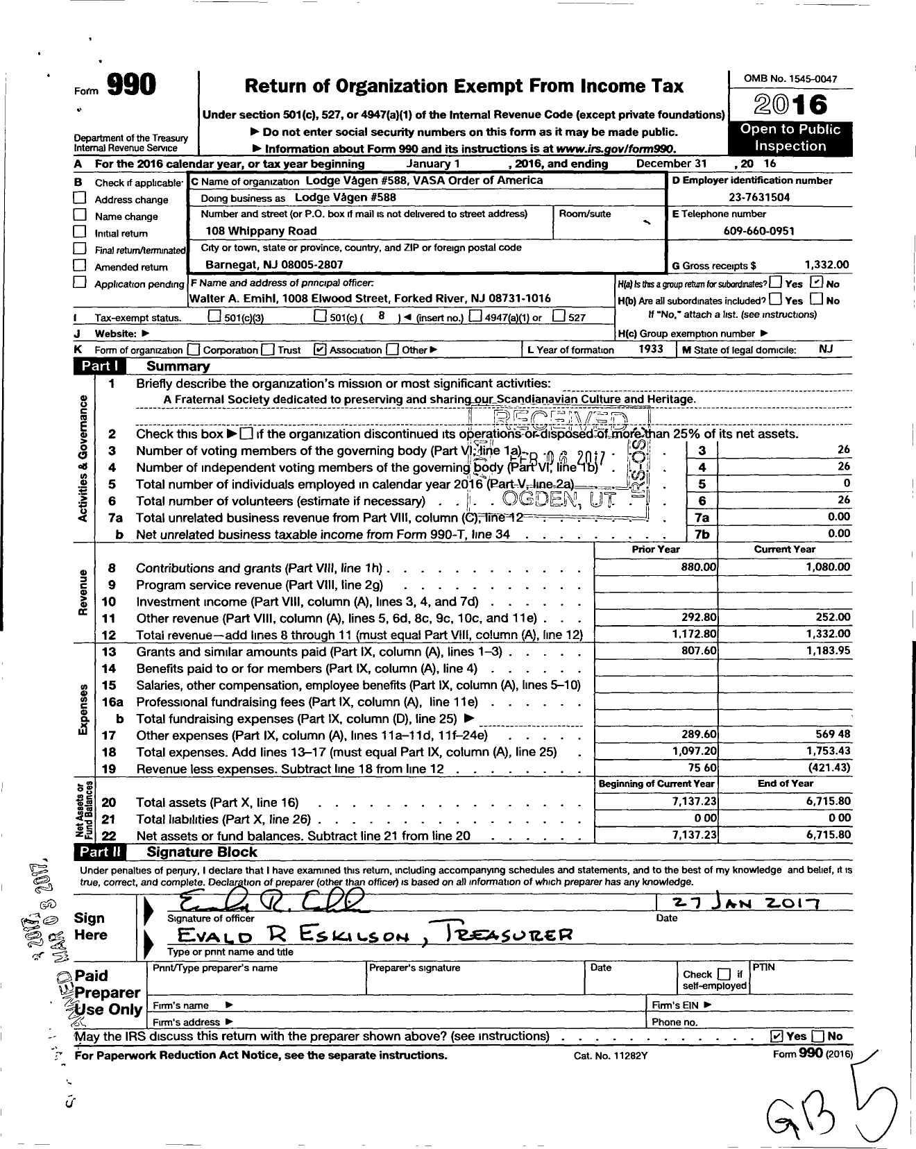 Image of first page of 2016 Form 990O for Vasa Order of America - 588 Vagen